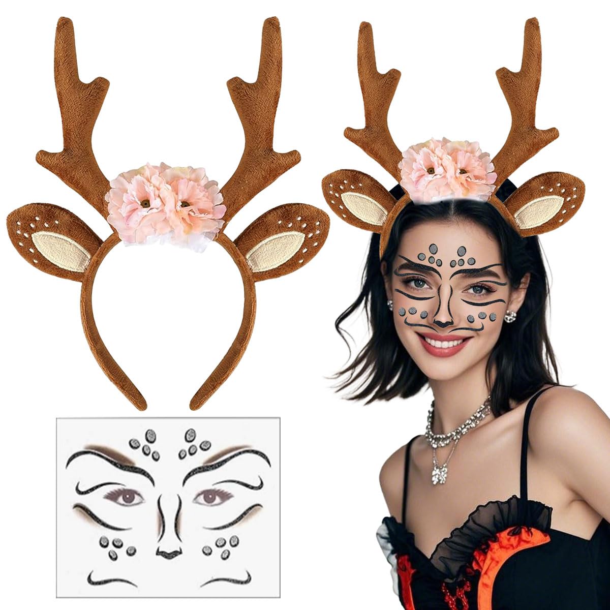 LGZIN Deer Headband Ladies Girls Headband Deer Antlers Horns with Flowers + Deer Face Tattoo, Reindeer Headband with Ears, Reindeer Deer Costume Accessories for Christmas Fancy Dress Theme Party