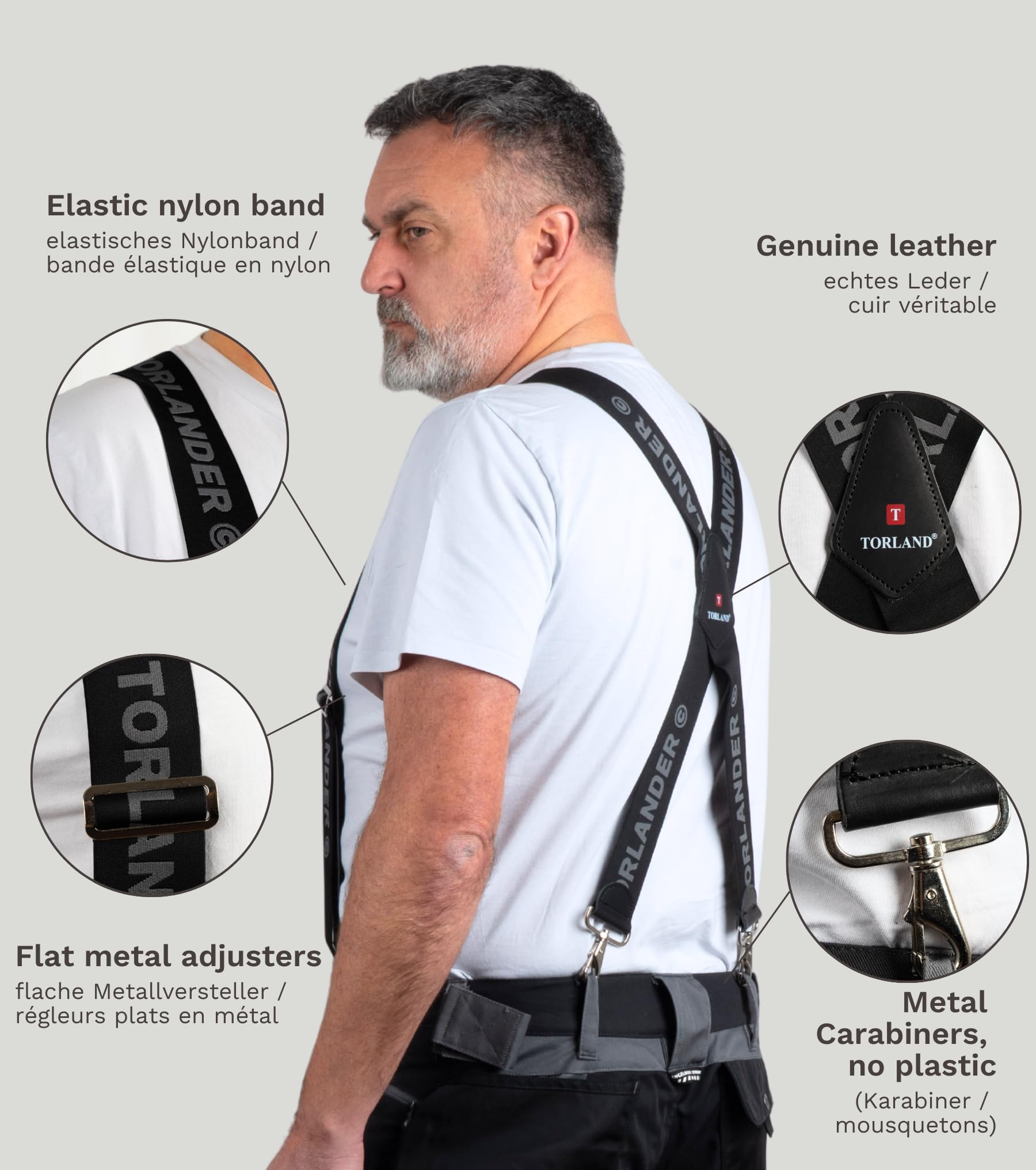 TORLAND® Hosenträger Herren extra stark, mit Rindsleder, 5 cm breit mit Karabiner-Verschluss, für Arbeitshose, Motorradhose | 135 cm lang, verstellbar bis Körpergröße 2 m - 5