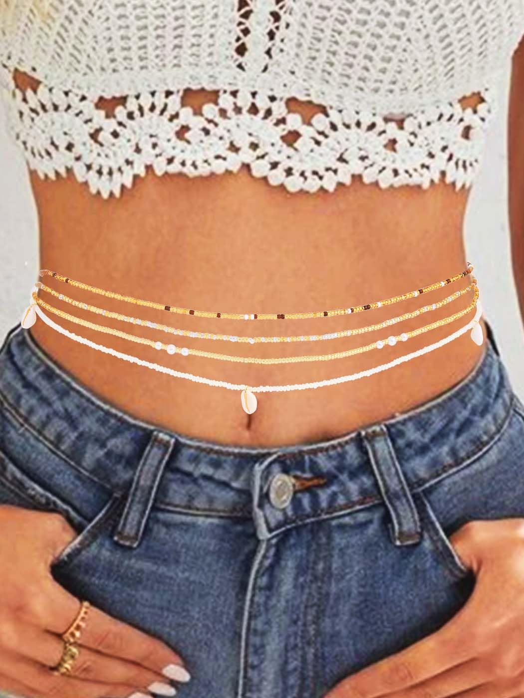 Urieo African Shell Elastic Waist Beads Chain Colorful Stretchy Belly Bead Layered Beaded Bikini Beach Waist Chains for Women: 4