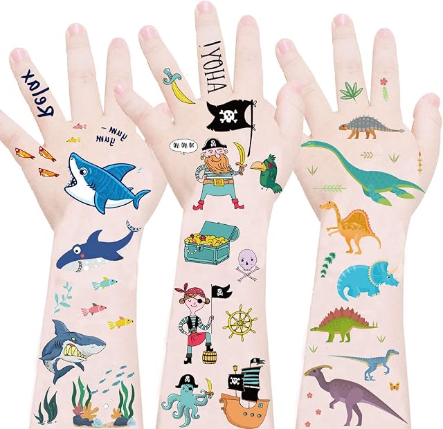 Adisno Temporary Tattoo for Kids, Fake Tattoo Sticker for Boys and Girls, Waterproof Cartoon Tattoo, Shark, Pirate, Dinosaur, Arm Face Transfer Tattoos for Children Birthday Party Favors Bags Filler