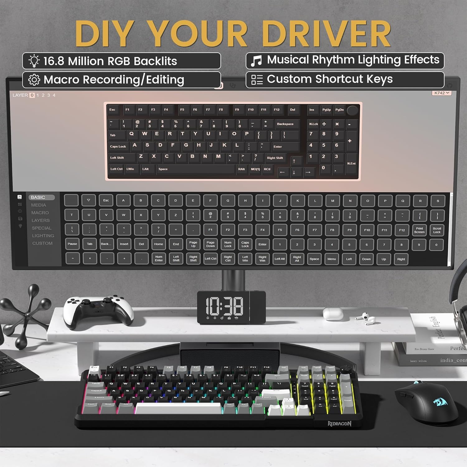 Redragon K742 Gasket Teclado Gaming Mecánico Inalámbrico, 2.4Ghz/BT/USB-C, Hot-Swappable, Iluminación RGB, Soporte de Software, 98 Teclas, Snap Tap, Espumas Absorbentes, para Win/PC/Mac