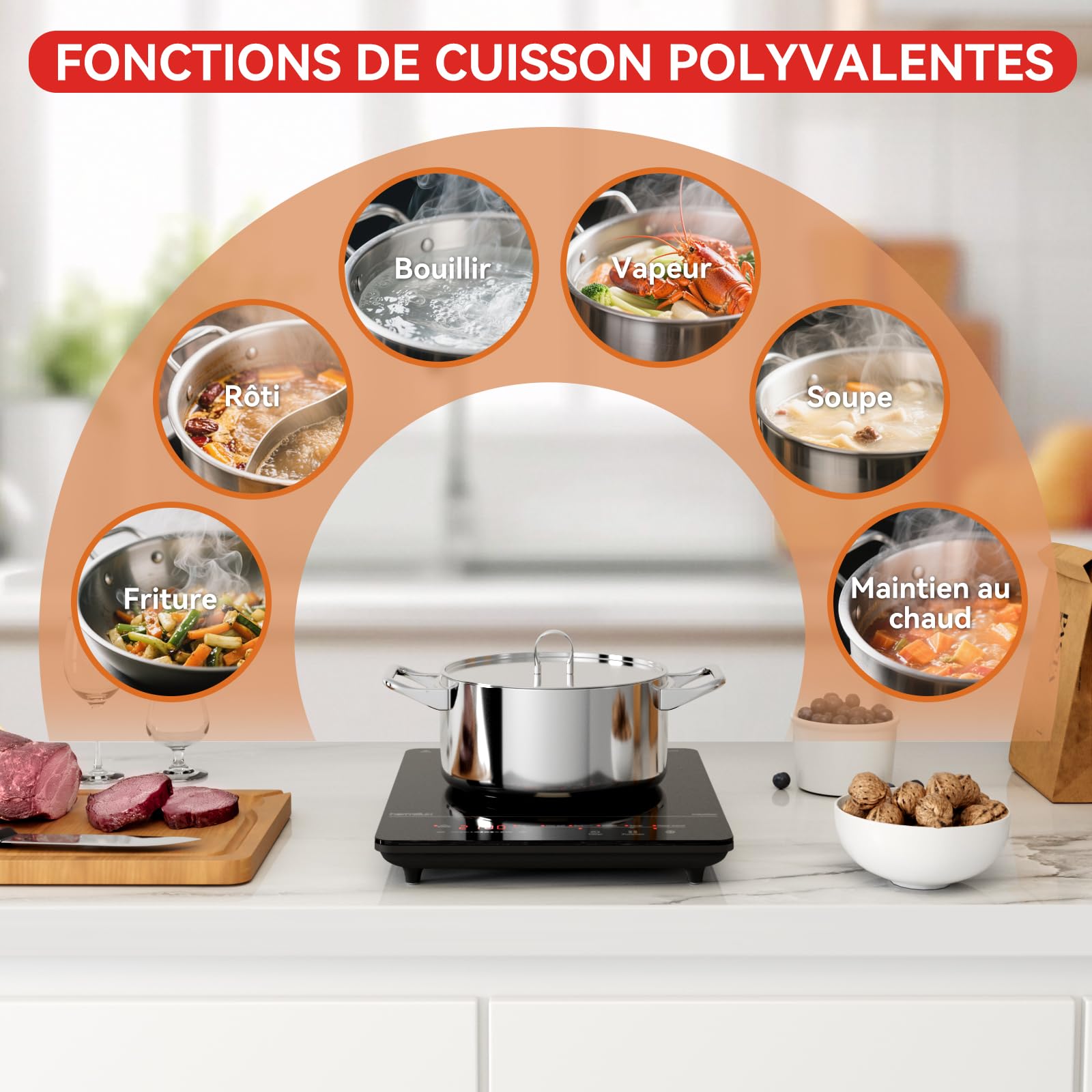 Hermitlux Plaque à Induction 1 Feu Portable 2100W 6 Programme 28CM Sécurité | 9 Puissances,Minuterie & Maintien au Chaud, Taille Compacte pour Cuisine, Bureau