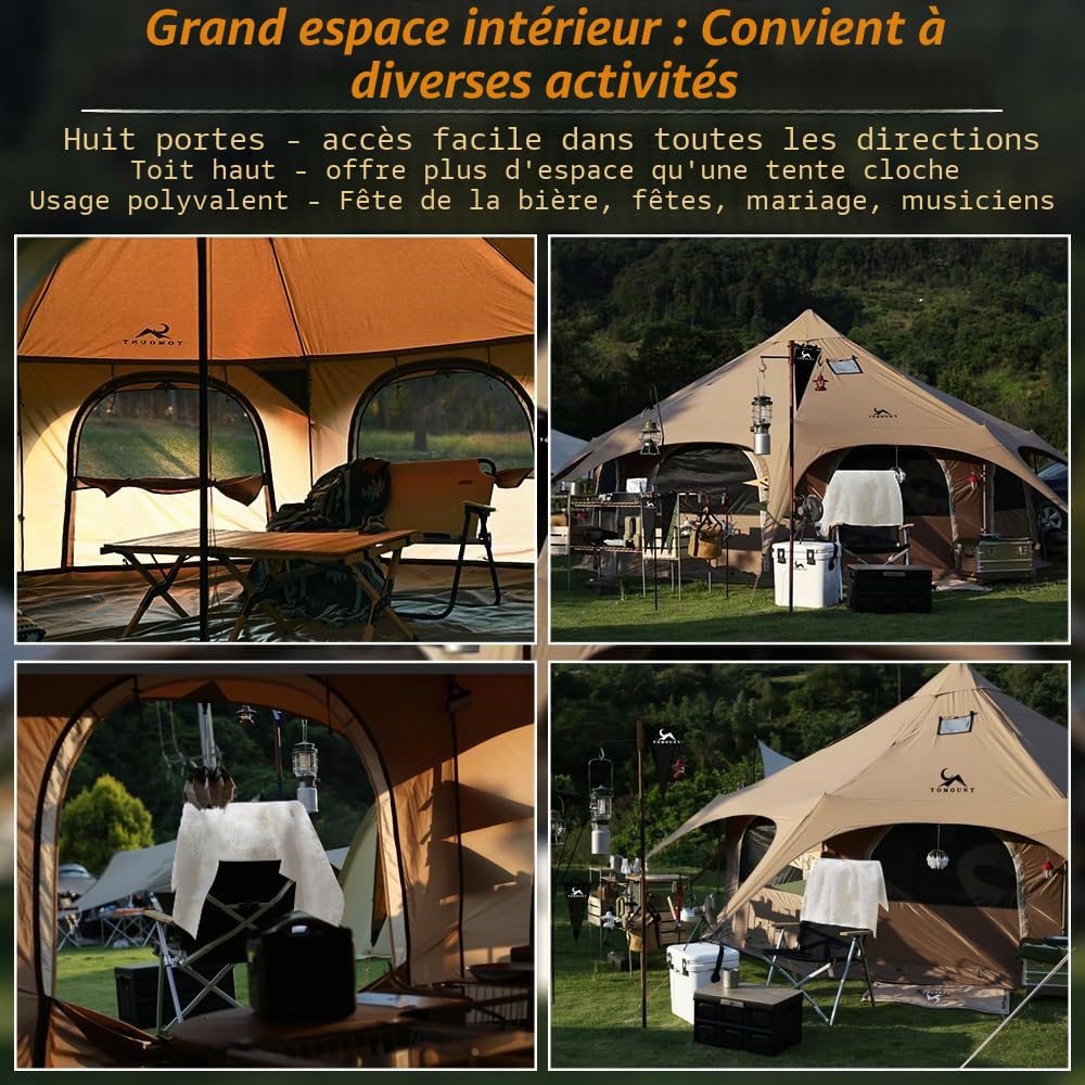 TOMOUNT Tipi Tente en coton 6-8 personnes Tente pyramide yourte pour grandes familles Tente glamping pour camping, randonnée, festival, fêtes, mariage, fête musicale