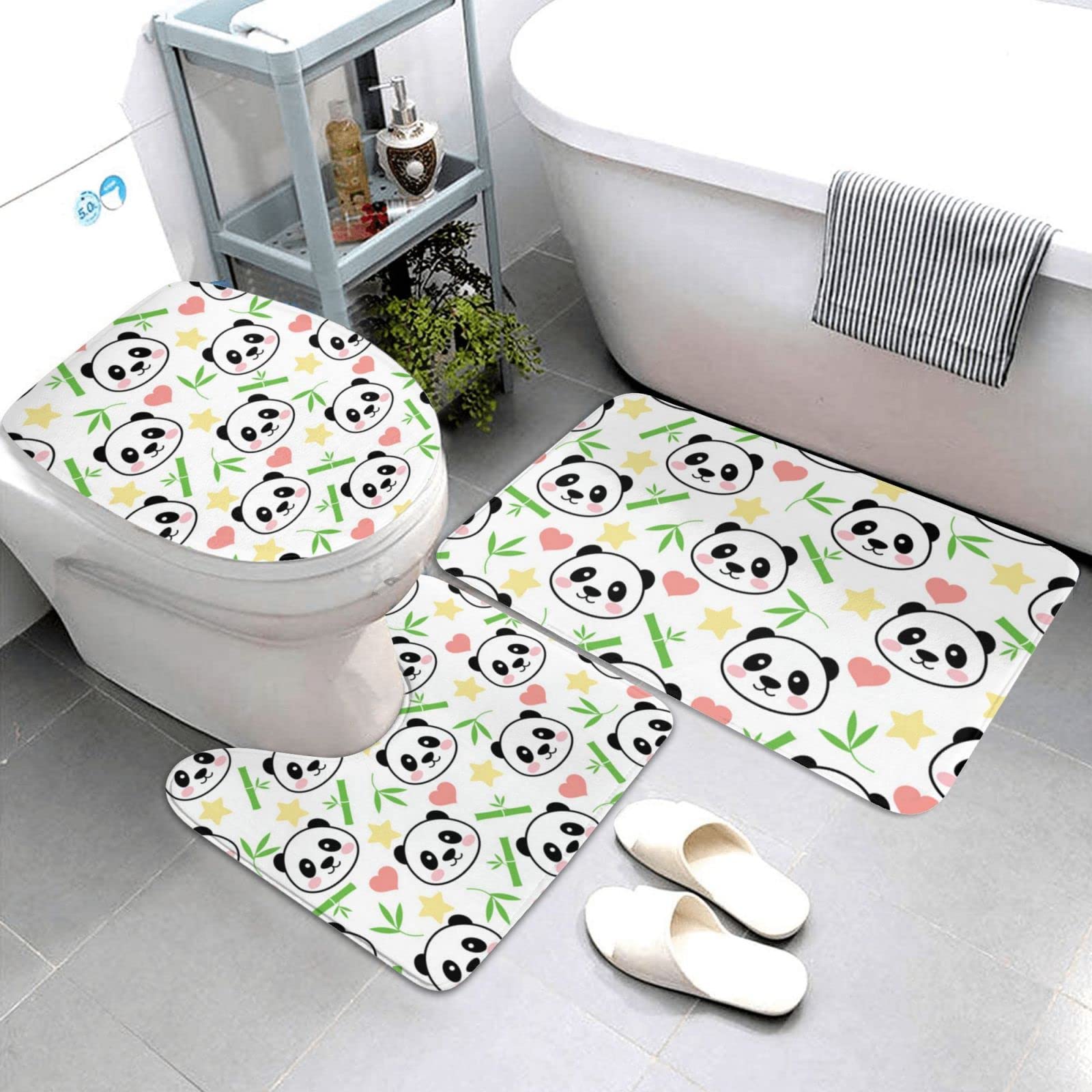 Set di 3 tappetini da bagno in flanella morbida antiscivolo con motivo a stella di bambù, con coperchio, decorazione per la casa