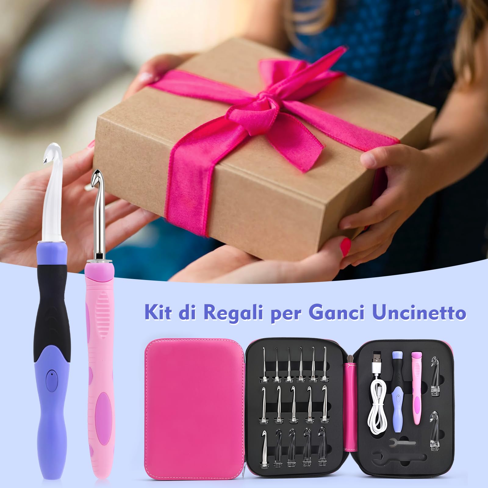 AIYUNDI Set di Uncinetti 18 in 1 con Luce a LED, Uncinetti Ergonomici con Manico di Ricambio e Custodia,per Uncinetto e Lavoro a Maglia,Kit Uncinetto Principianti ed Esperti (2,0-14,0mm)