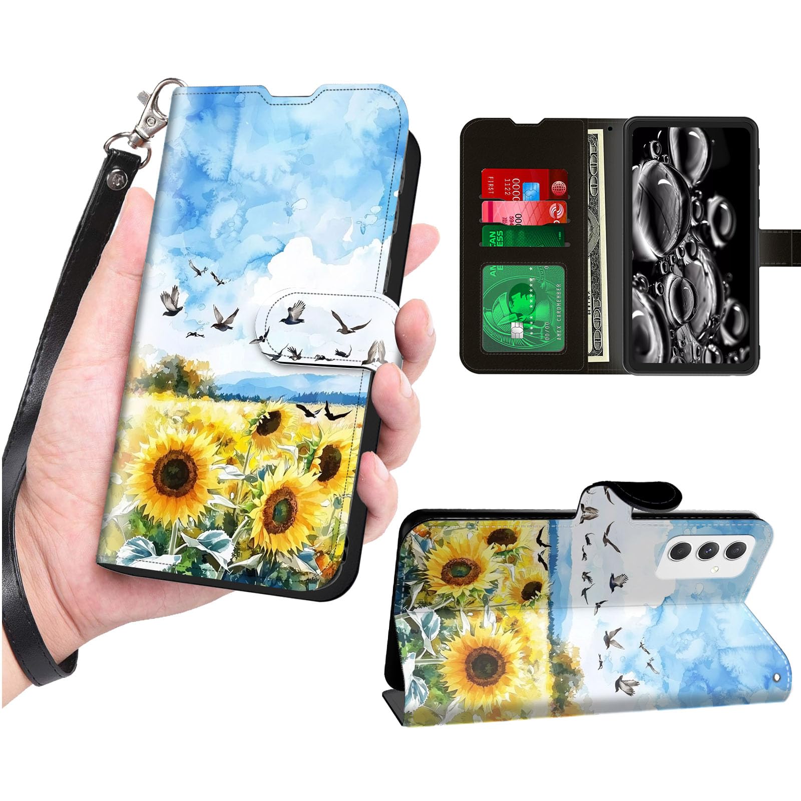KUJKBFWJ Wallet Case for Samsung Galaxy A14 5G with RFID Blocking Credit Card Holder, Flip PU Leather Magnetic Closure Wrist Strap Phone Cover for