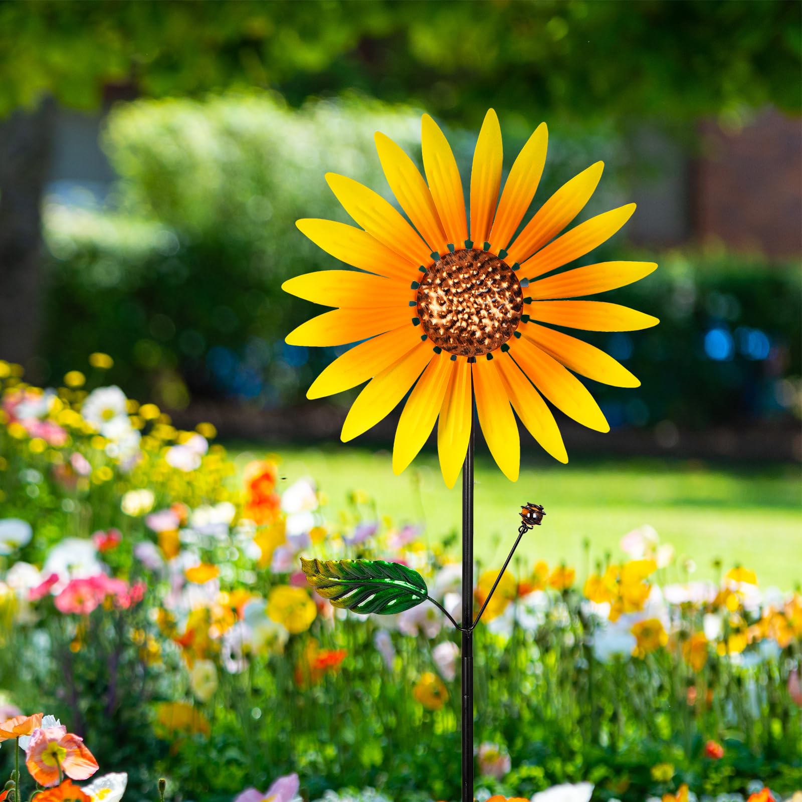pearlstar Sonnenblume Windrad Metall, 2er-Pack Windspiel Garten Mit Metallpfahl, 94cmx25cm Windspinner Gartendeko Für Draußen Balkon Terrasse Rasen