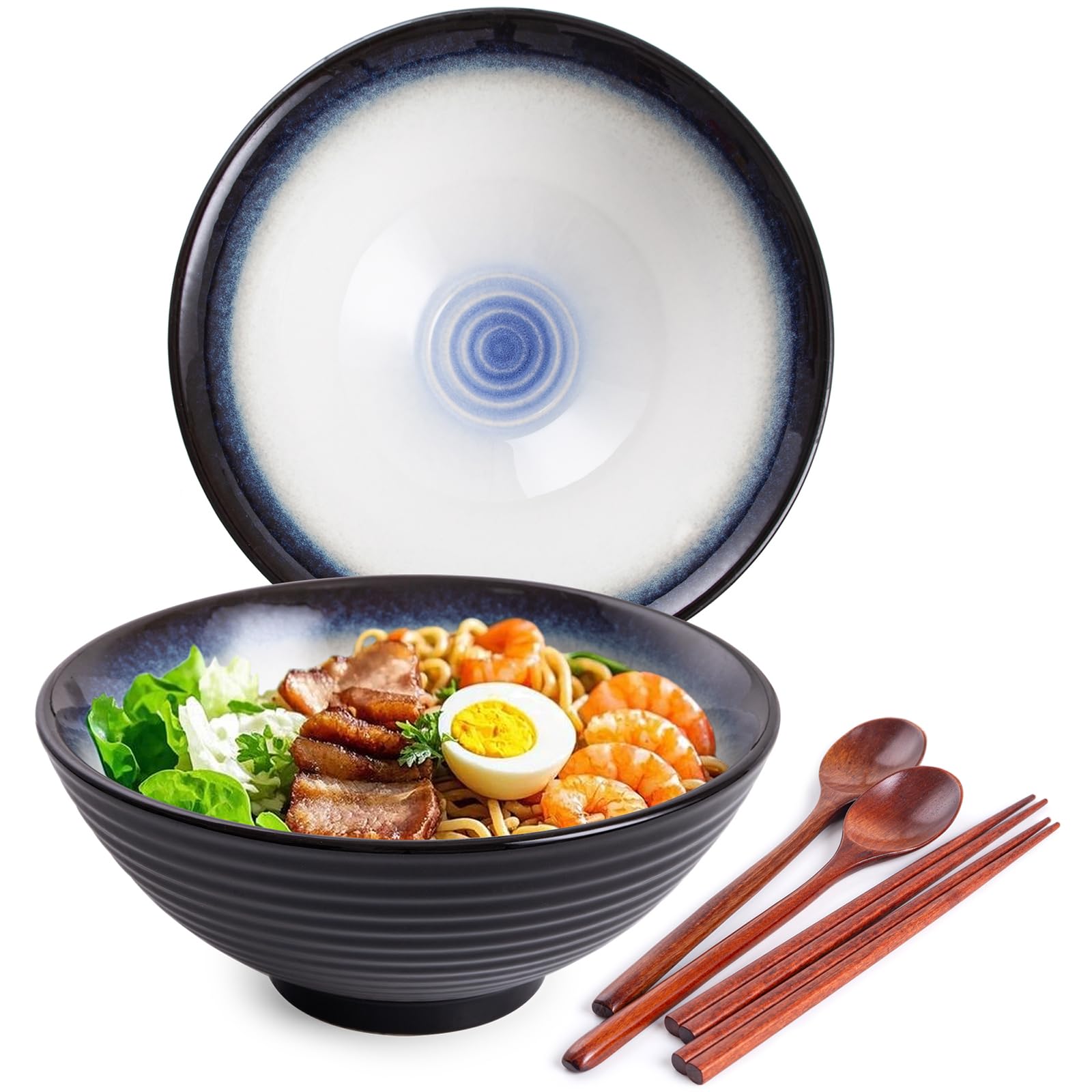 Lot de 2 bols japonais en céramique - 20,3 cm - 1134 g - Bol à nouilles pour Ramen, Pho, Udon avec cuillères et baguettes (noir et bleu)
