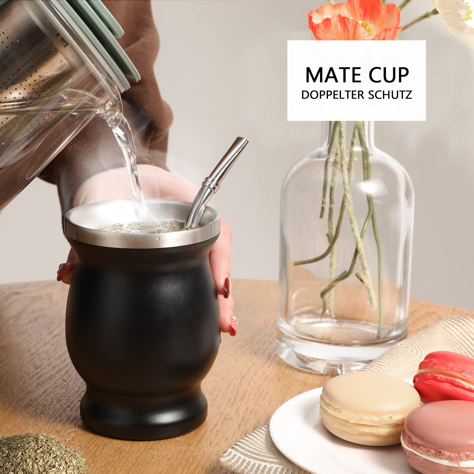 Set Mate con Pajita y Brocha, Taza de Mate Negro para Cocinas, Restaurantes, Cafeterías