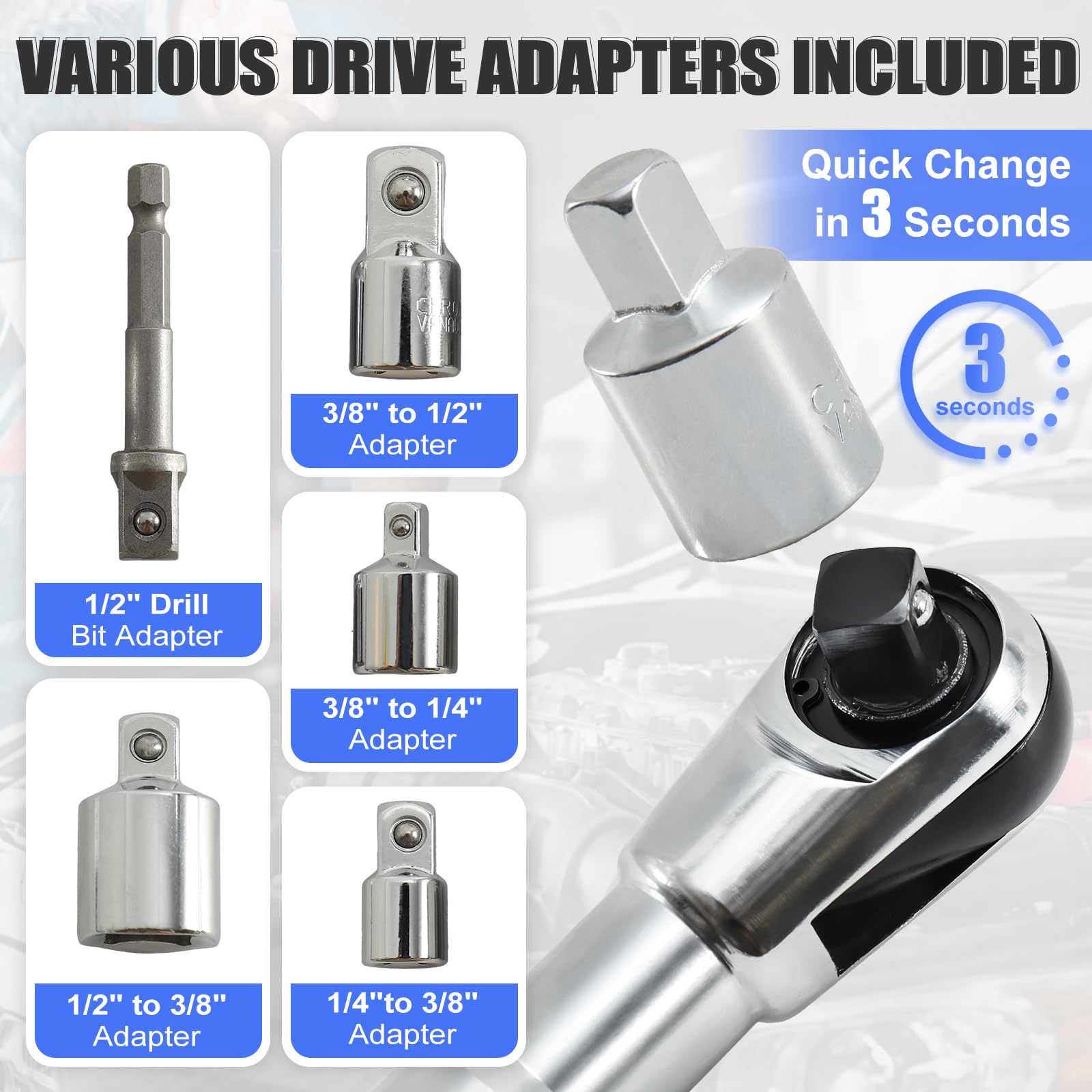 Llave de extensión con trinquete, juego de llaves de extensión de alto rendimiento de 1/2 pulgada con alcance estrecho y adaptador, para trabajos de automoción, bricolaje y mecánica.