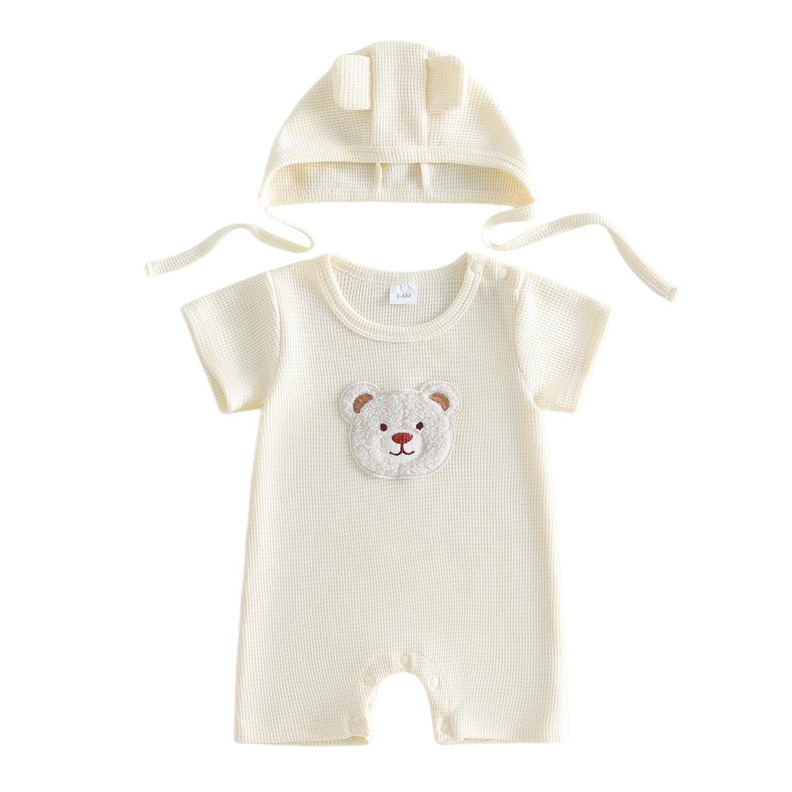 Vestiti Neonato Bambino Pagliaccetto Estate Orso Ricamo Manica Corta Tuta Waffle Tutina Maglia Tuta Bambino Un Pezzo Completo con Cappello Set