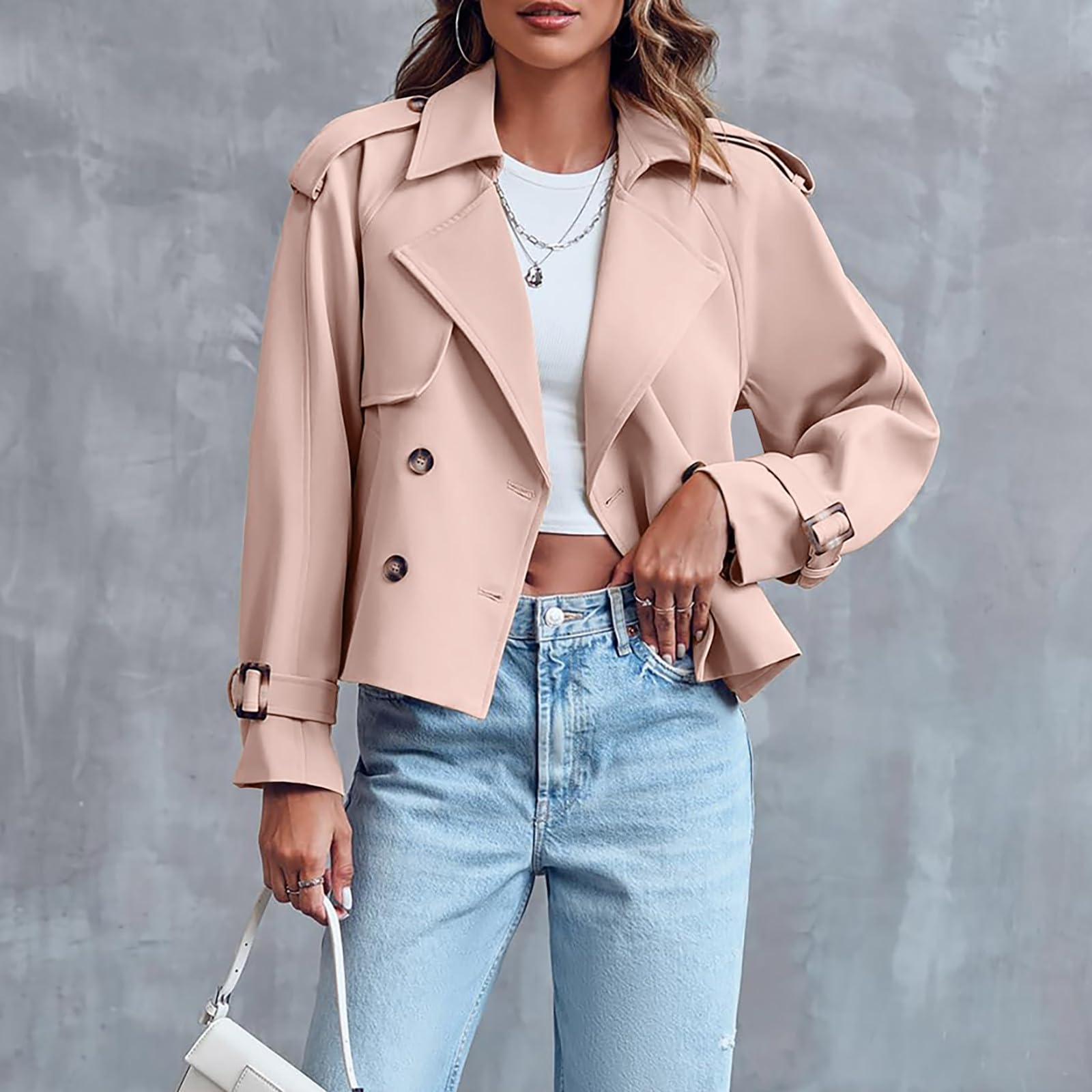 Generisch Damen Übergangsjacke Elegant Kurzjacke mit Reißverschluss Langarm Freizeit Bikerjacke Mode Mantel Lockerer Schnitt für Alltag und Büro
