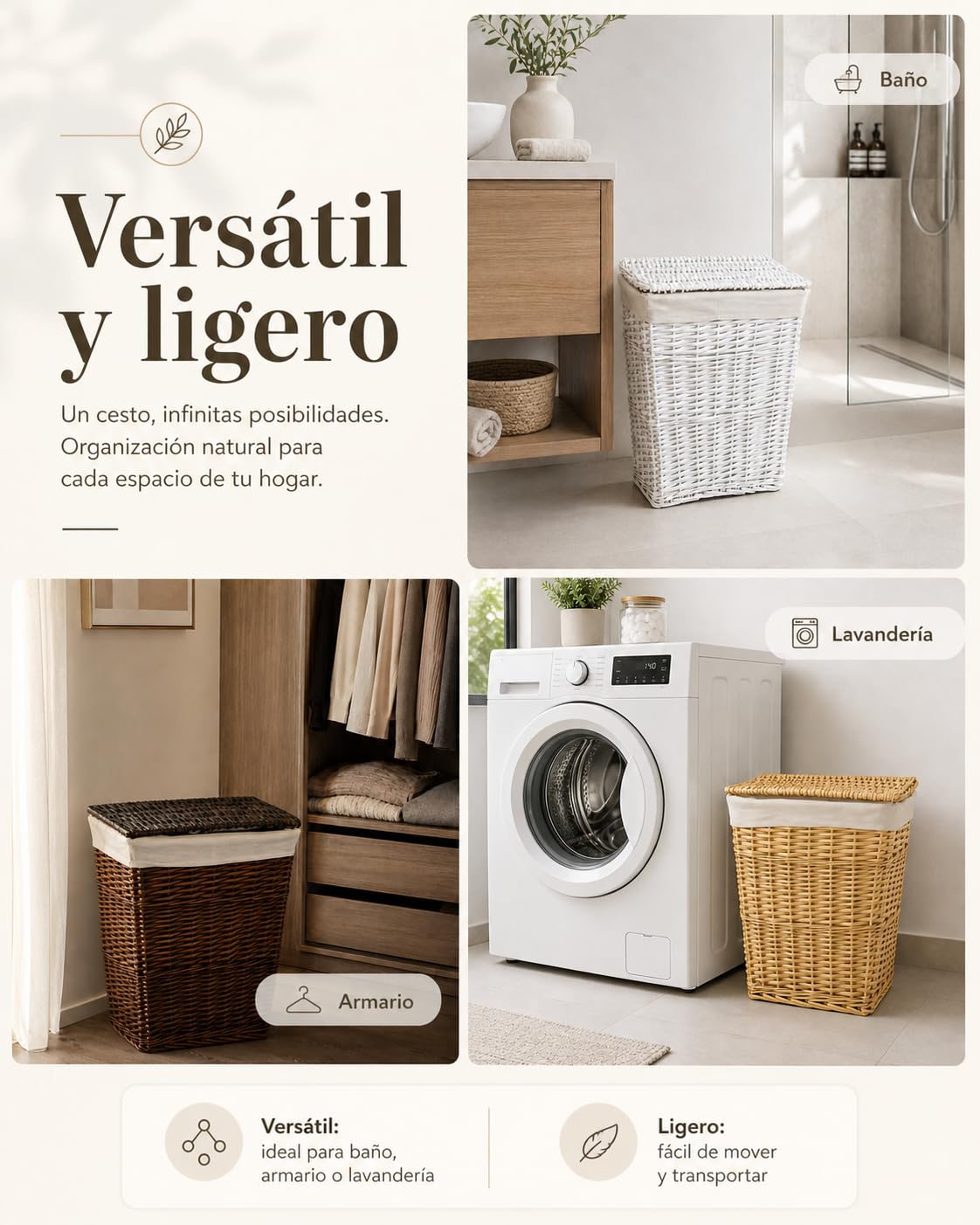 HERSIG - Cesto Ropa Sucia - Cesta Ropa Sucia Diseño Mimbre con Tapa - Cesto Colada con Bolsa Tela Extraíble - Diseño Resistente y Robusto - Recantular Blanco - 42x33x50cm