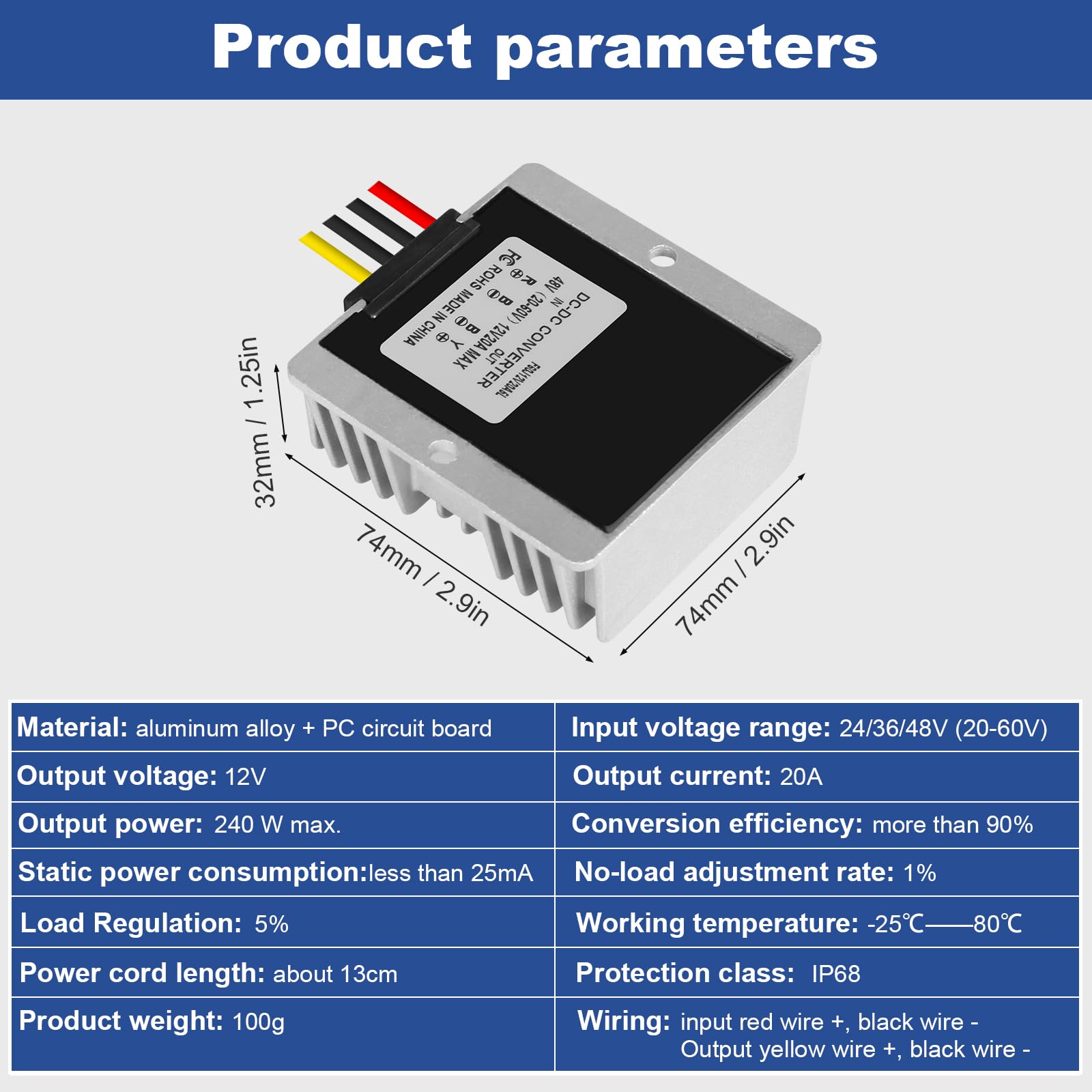Régulateur de Tension 24V 36V 48V à ​​12V 20A, Convertisseur DC-DC Buck | IP67 Étanche Module Abaisseur de Tension Transformateur, pour Voiture
