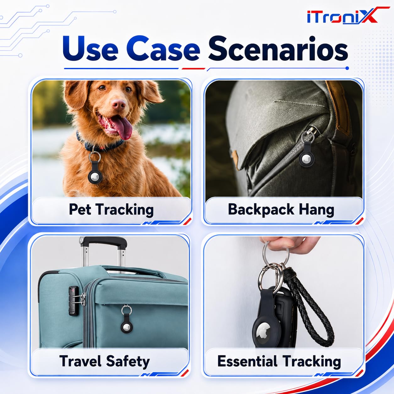 iTronix AirTag Case for Apple AirTag 1 & AirTag 2, Shockproof Silicone Protective Cover with Metal Carabiner Keychain, AirTag Holder for Keys, Luggage, Bags, Backpack & Pet Collar — Amazon image 6