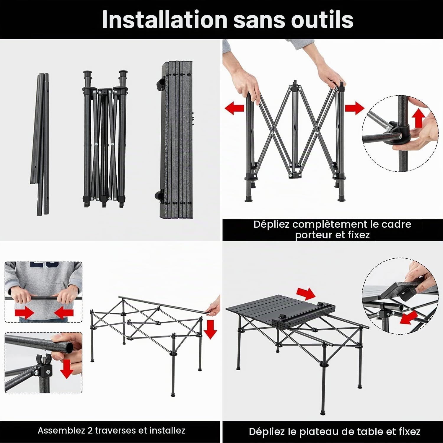 FANTASK Table de Camping Pliable avec Plateau Enroulable, Table de Jardin Pliante avec Plateau en Aluminium pour 4 Personnes