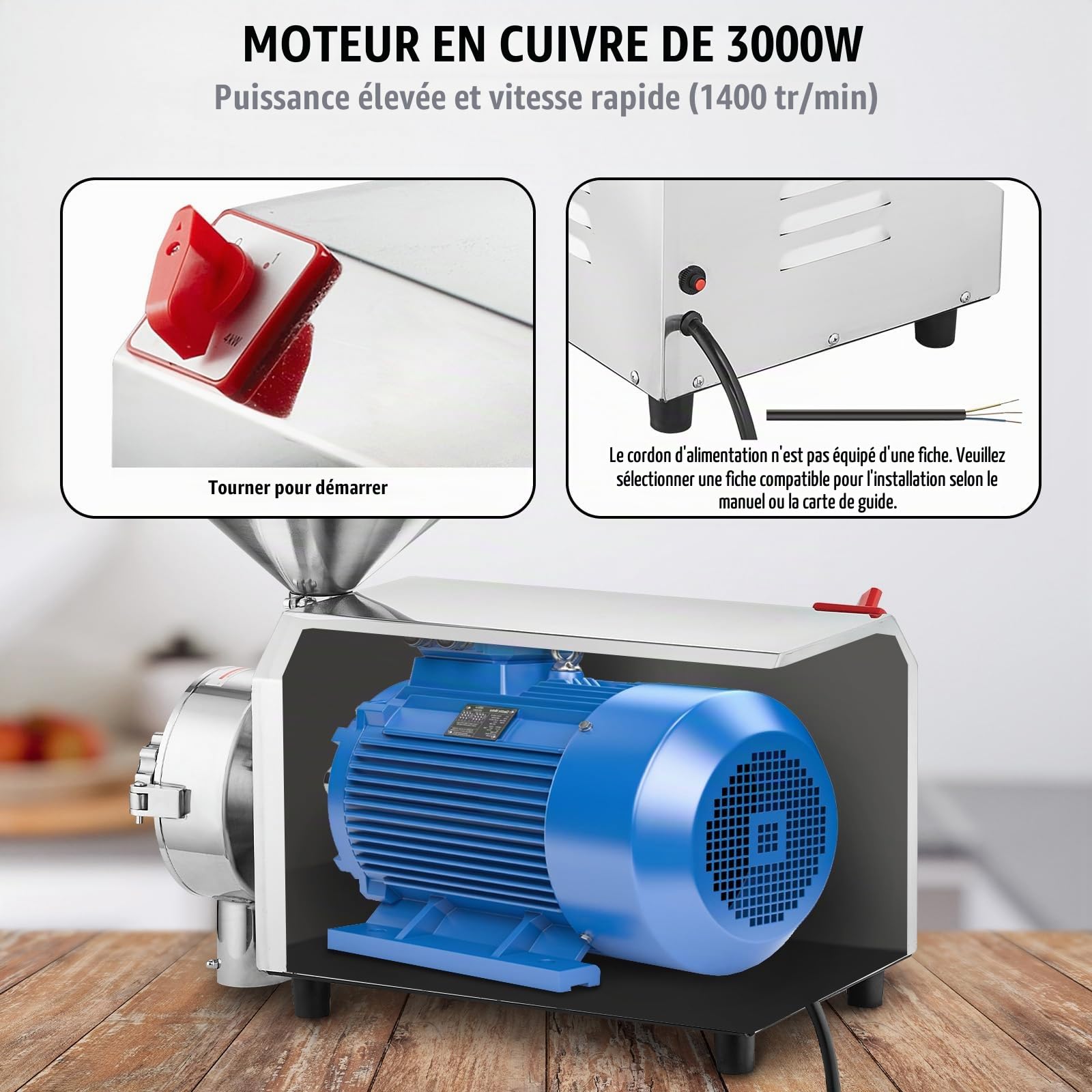 VEVOR Moulin à Grains Électrique pour Soja, Broyeur à Épices Commercial 3000 W Haute Vitesse, Moulin à Farine 100 kg/h, en Acier Inoxydable, pour Moudre Rapidement Épices Herbes Poivres Maïs Arachides