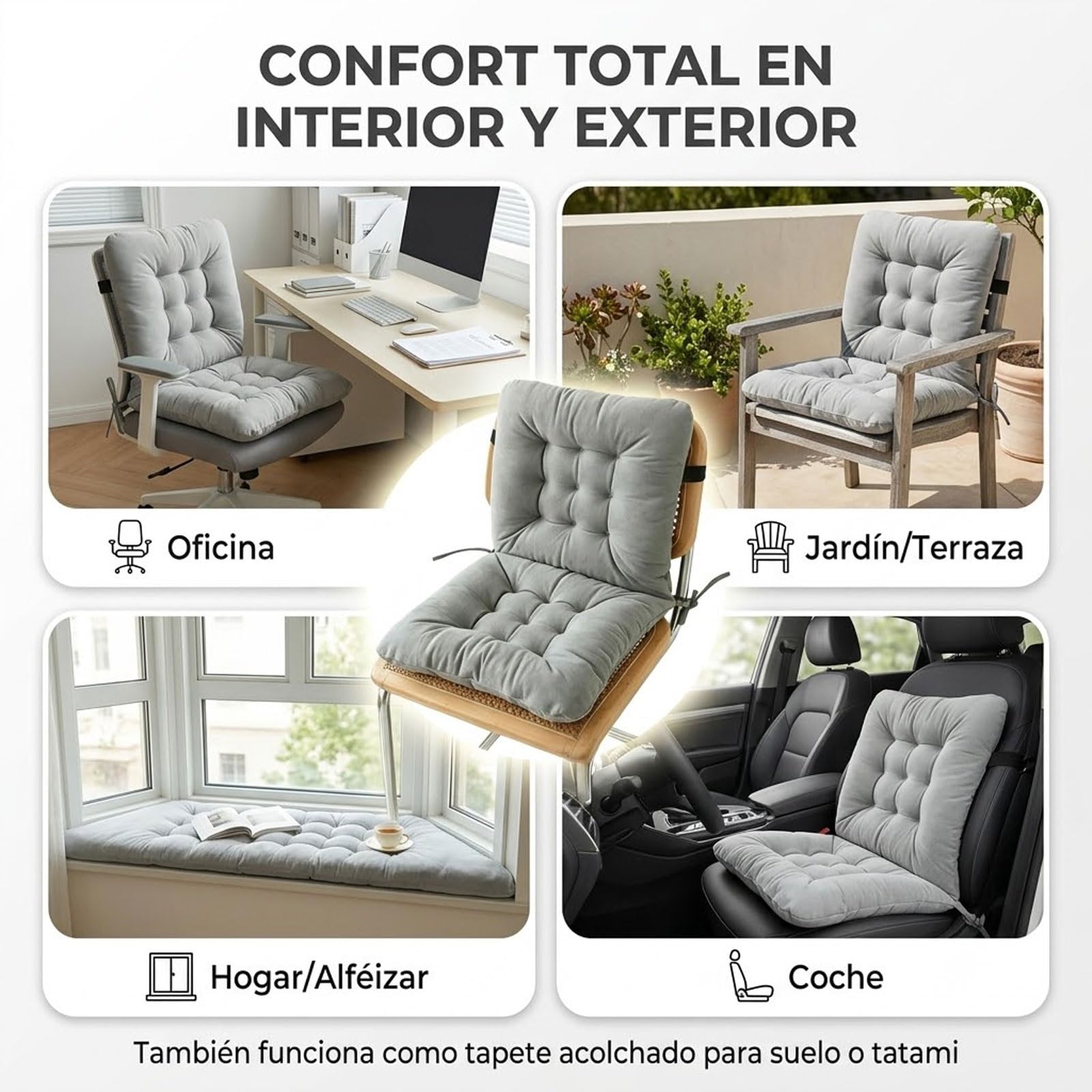 Genérico Cojín Silla con Respaldo 40x40cm, Suave Transpirable con Lazos, Cojín Asiento para Oficina Cocina Jardín Terraza, Grosor 8cm(Gris Claro)