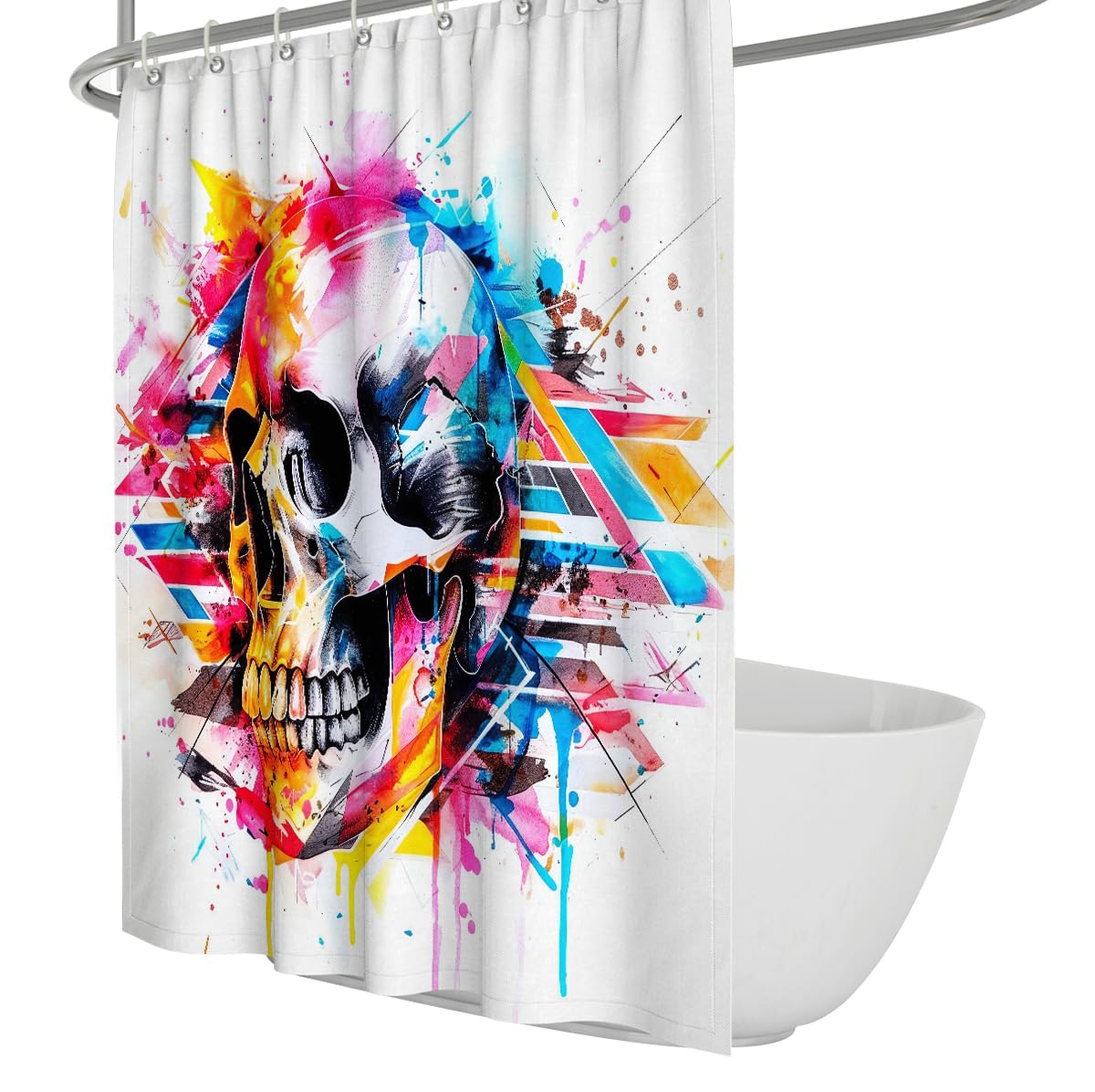 Bunte Totenkopfkunst-Duschvorhang mit Aquarellspritzern und geometrischen Linien Moderner Badewannenvorhang Wasserdichtes Polyester-Maschinenwaschbar 200 x 200 cm