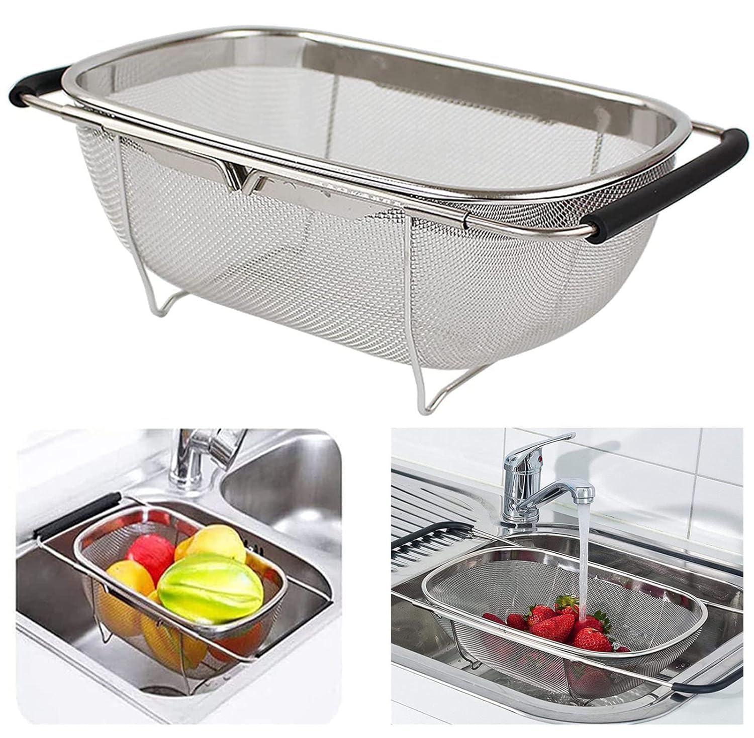 Stainless Steel Over The Sink Colander with Fine Mesh Strainer Basket & Expandable Rubber Grip Handles Fine Mesh Colander for Kitchen Sink, Strain, Drain, Rinse Fruits, Vegetables