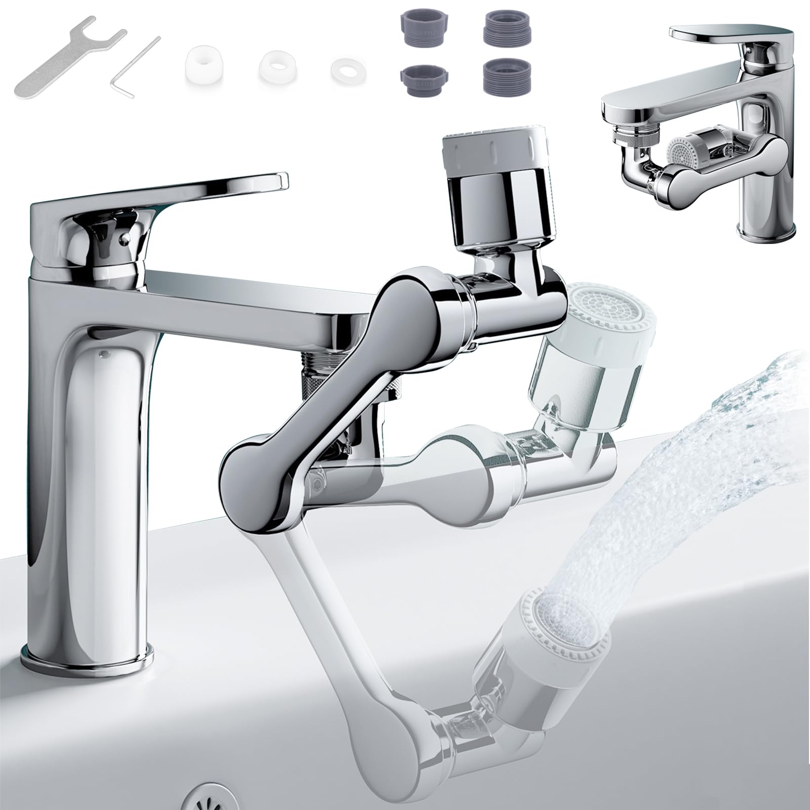 ButalsoSwivel Sink Faucet Extender with 3 Axis Rotation, 3 Way Foldable Splash Filter Faucet Aerator, Kitchen/Bathroom Sink Adapter Sprayer Attachment for Gargle, Eyewash and Rinse