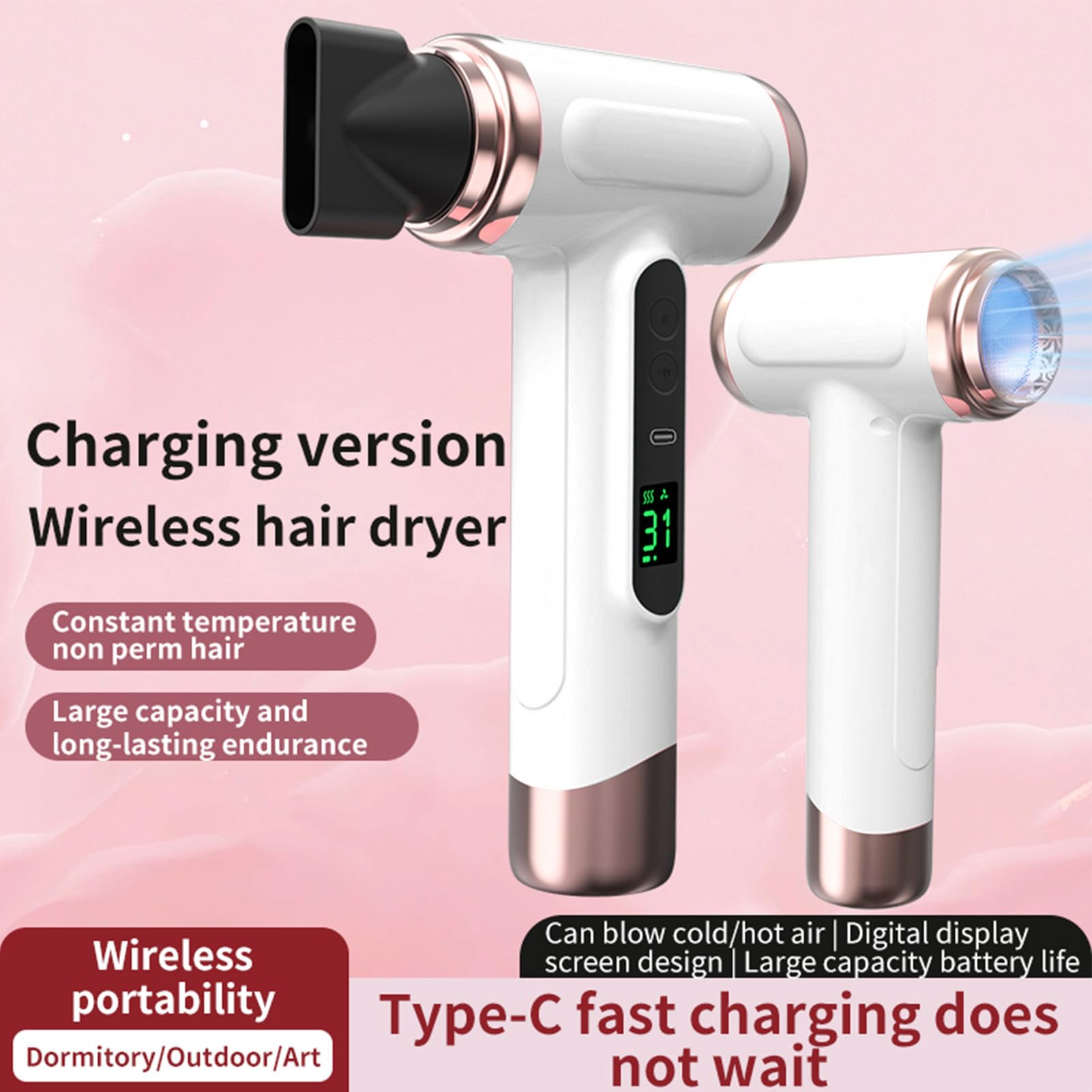 LICAEVEY Secador de Pelo Inalámbrico para Mujeres Estudiantes Dormitorio Camping Al Aire Libre, Secador de Pelo de Viaje Recargable por USB Portátil con Viento Frío y Caliente, (Enchufe de la UE)