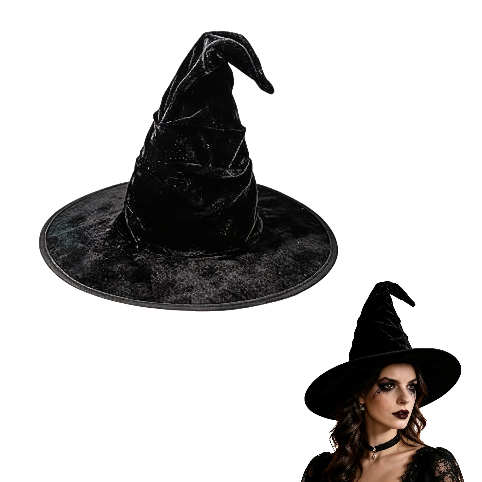 Witch Hat for Women, Velvet Wide Brim Wizard Hat for Halloween Cosplay