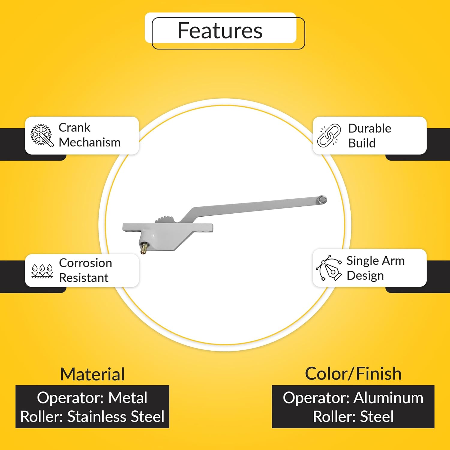 Brixwell Single Arm Casement Operator, Left Hand, Front Mount, 11" Arm Length, Metal Material, Aluminum Finish, Stainless Steel Roller, Handle Sold Separately