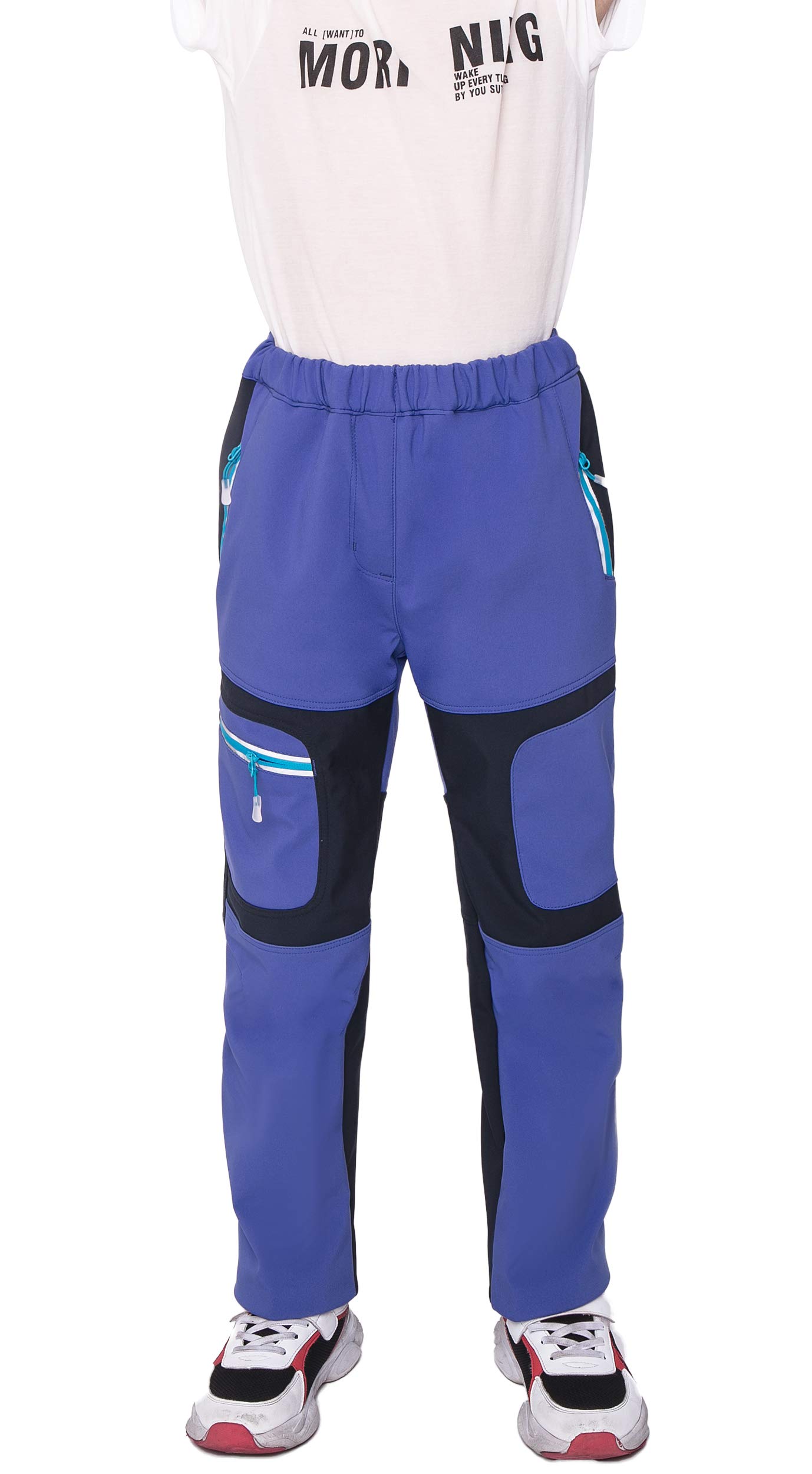 Pantalones de senderismo con forro softshell para niños, impermeables, transpirables, cálidos, con rayas reflectantes para niños y niñas (azul oscuro, S)