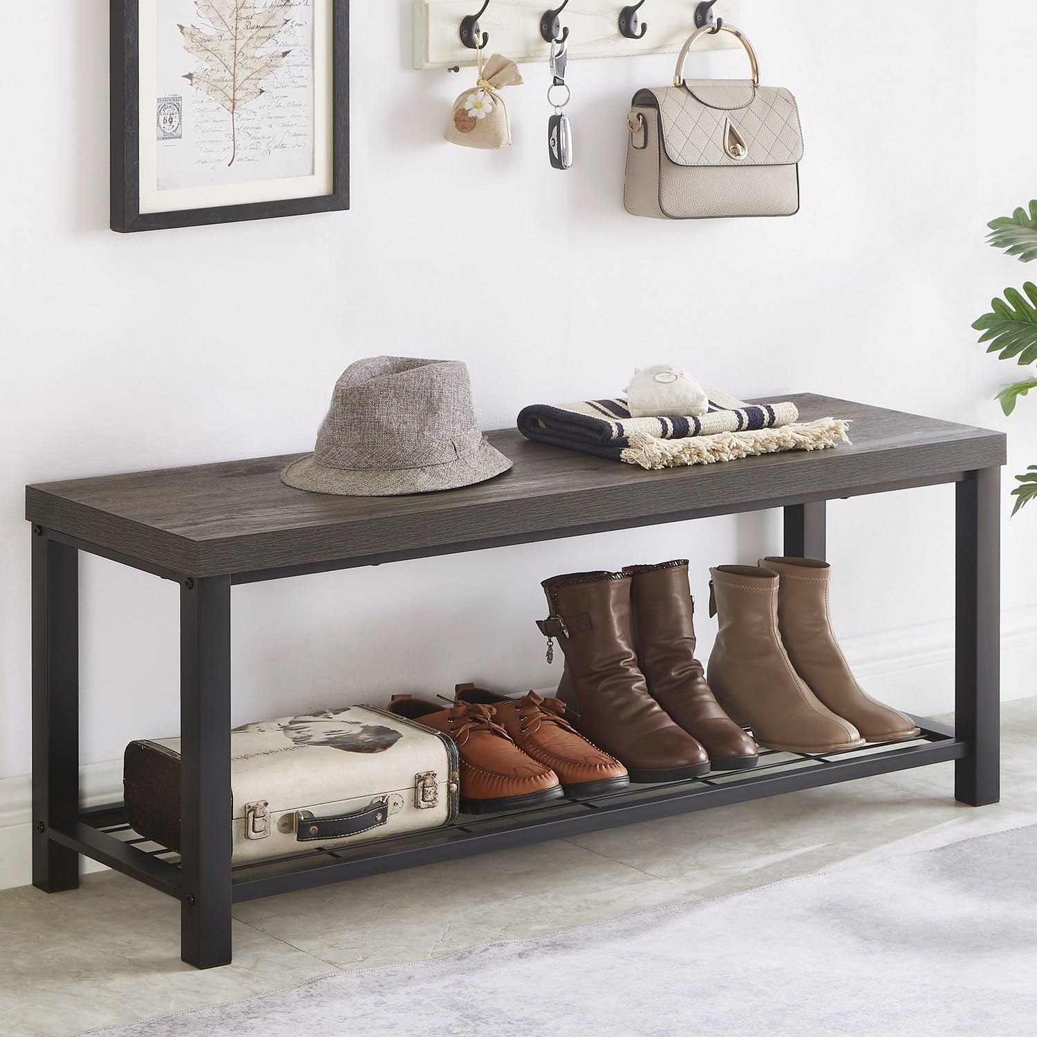 EXCEFUR Entryway Bench, Industrial Metal and Wood Storage Bench for Living Room, Indoor Shoe Rack Bench Seat, 43.3 Inch Grey
