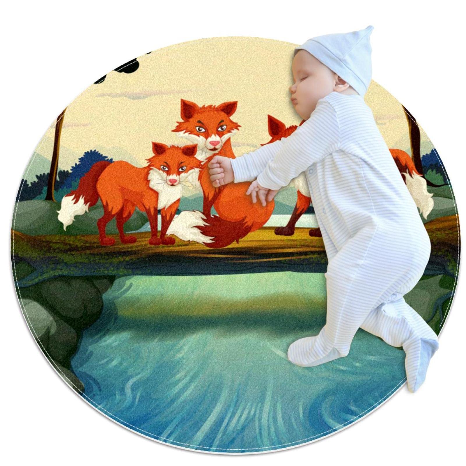Tapis renard animal JDEZ tapis de jeu rond pour enfants 80x80cm