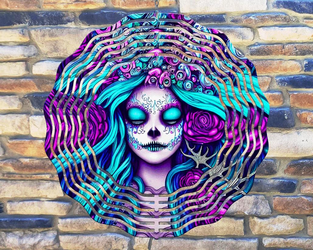 Tromic 10 Inch Teal Purple Day of The Dead Sugar Skull Wind Spinner Yard Decor Aluminum Sublimated Garden Art Indoor Outdoor 3D Kinetic rws-156, Blue