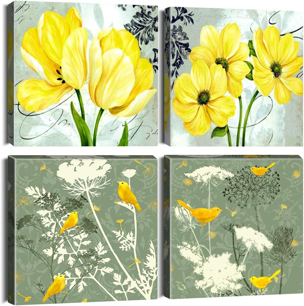 Artscope4 Parts Canvas Print – Yellow Flowers and Birds Canvas Wall Decoration for Bedroom Oil Paintings for Home, Bathroom, Living Room, Bedroom, 30 x 30 cm