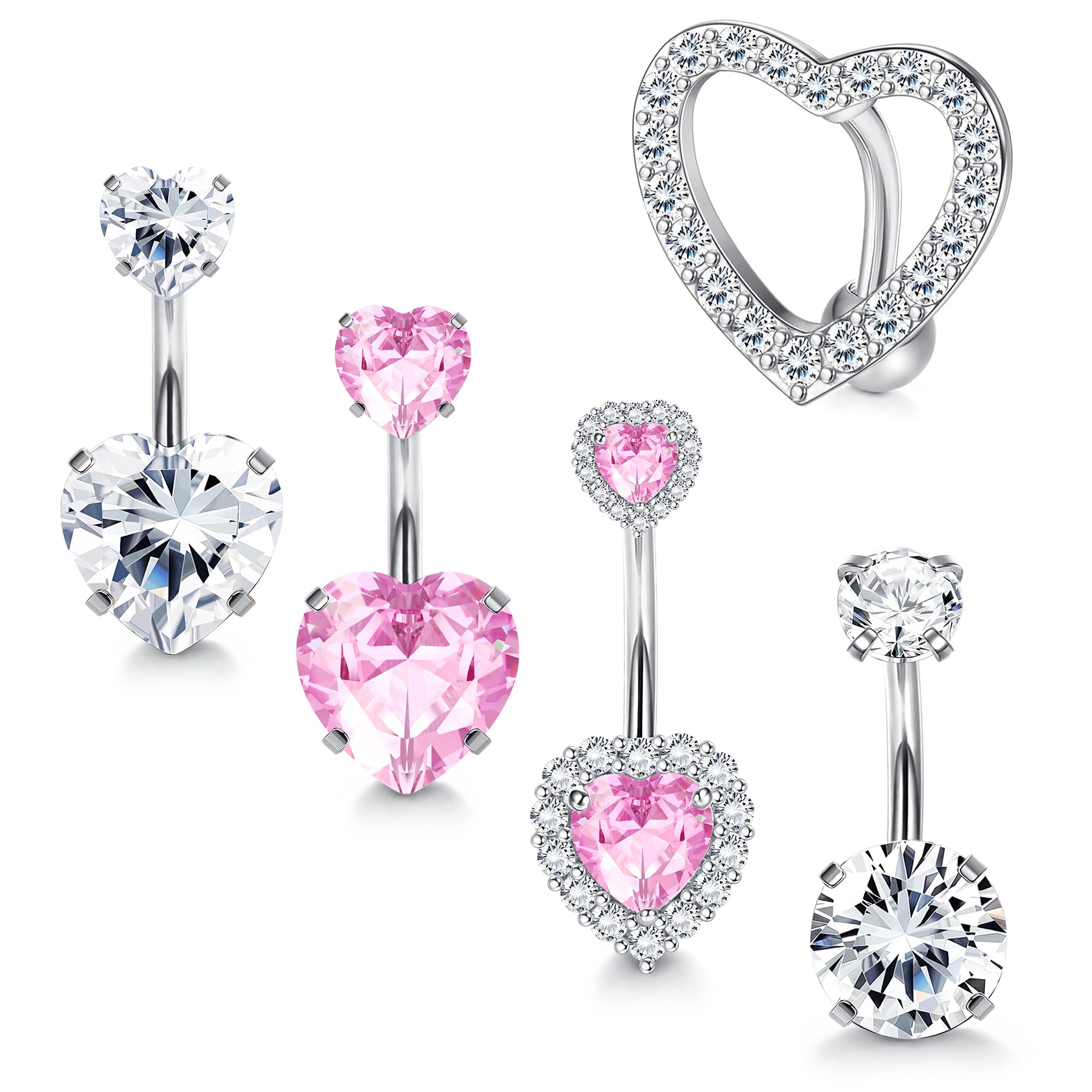Diamday 5pcs Piercing Ombligo 316L Acero Quirúrgico Ombligo Anillos 14G CZ Corazón Piercing Ombligo Aro para Mujeres Niñas Curvados Banana Vientre Barretta Piercing Ombligo Joyería Plata Rosa 10mm