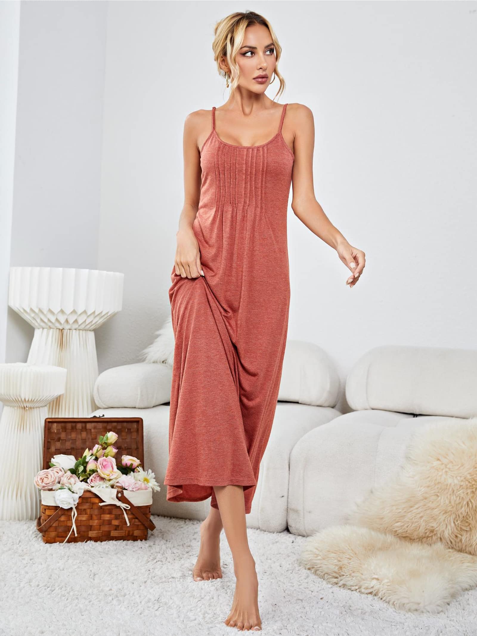 Camicia da Notte Donna Stretch Chemise Plissettata Sleepwear con Cinghie Regolabili
