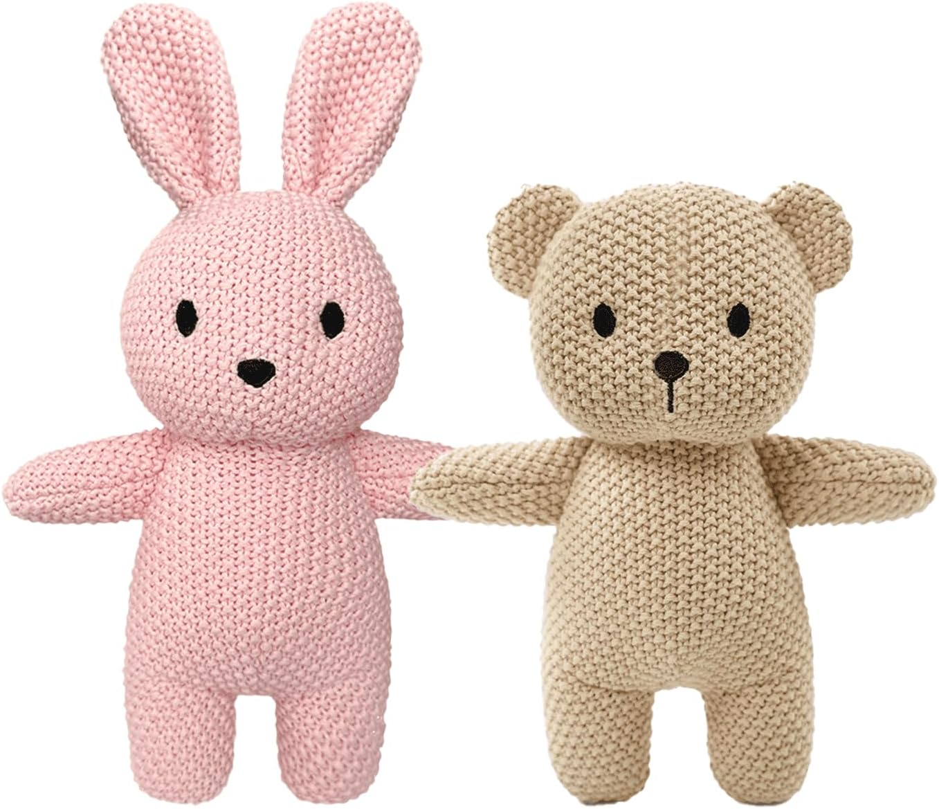 2 Pack Cotton Baby Plush Stuffed Animals Cute Rabbit and Teddy Bear Knitted Plush Toy Gifts for Kids and Newborns, Handmade Crochet Doll for Christmas, Easter (Bunny+Teddy Bear)