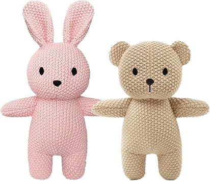 2 Pack Cotton Baby Plush Stuffed Animals Cute Rabbit and Teddy Bear Knitted Plush Toy Gifts for Kids and Newborns, Handmade Crochet Doll for Christmas, Easter Bunny+Teddy Bear