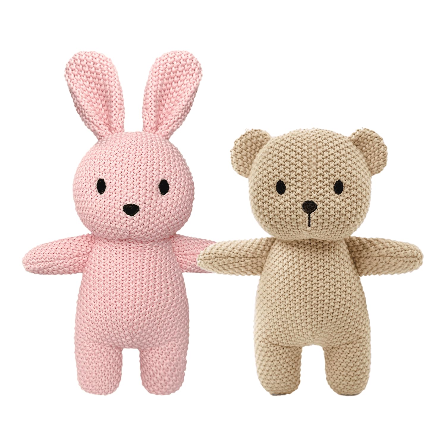 2 Pack 100% Baumwolle Baby Plüsch Stofftiere Niedlich Kaninchen und Teddybär Gestrickte Plüschtier Geschenke für Kinder und Neugeborene, Handgemachte Häkelpuppe für Weihnachten, Ostern (Hase