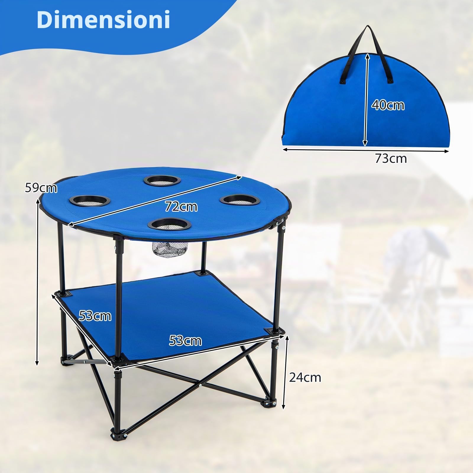 GIANTEX Tavolo da picnic rotondo pieghevole, tavolo da campeggio a 2 livelli con 4 portabicchieri in rete, telaio metallico a forma di X, tessuto Oxford, carico 40 kg, per barbecue, spiaggia, blu