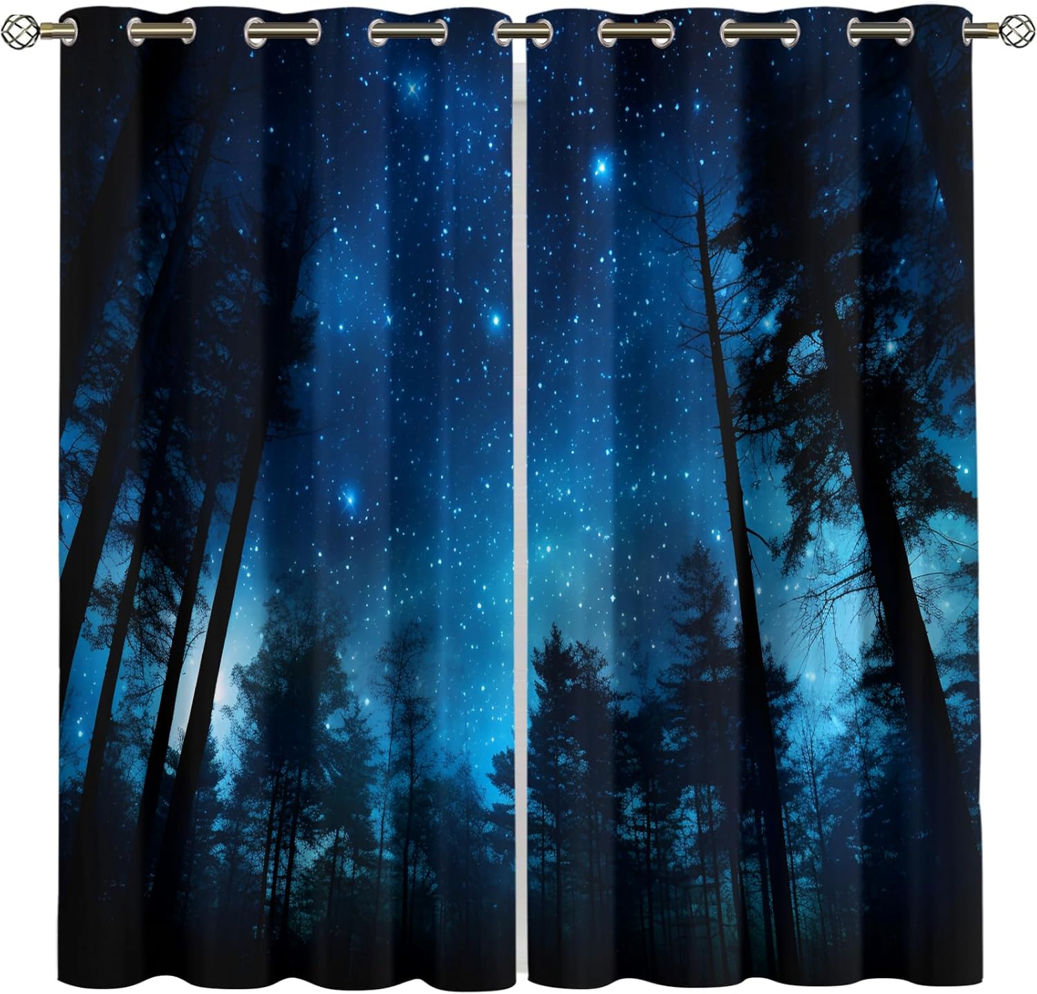Starry Night Printed Curtains 72 inch Long, Forest Tree Silhouette Blackout Curtains for Bedroom, Grommet Thermal Insulated Window Treatments for Kitchen, Natural Scenery Home Decor 2 Panels Set