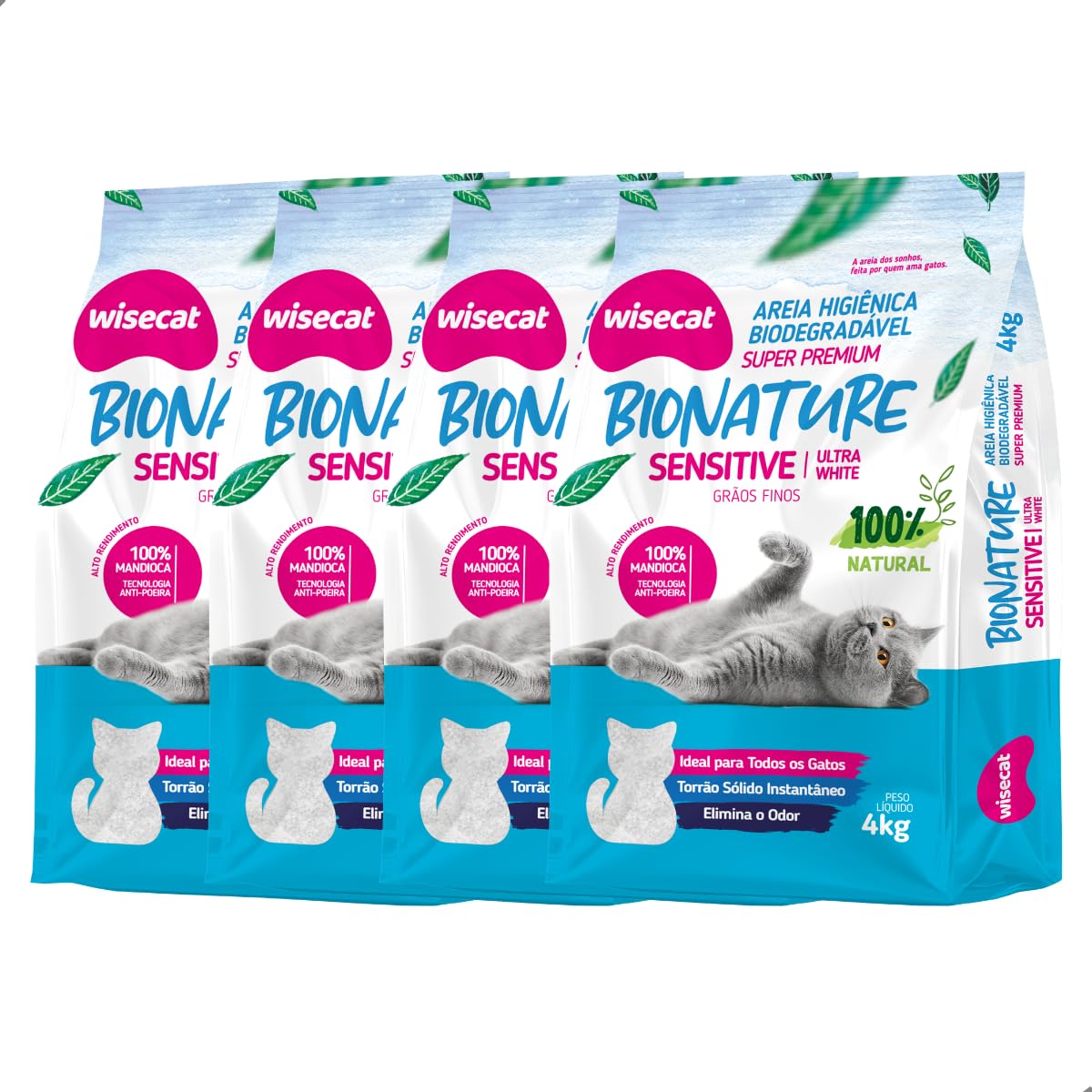 Kit 4 Areia Sanitária Higiênica pra Gatos Natural Vegetal Mandioca Sensitive Grãos Finos