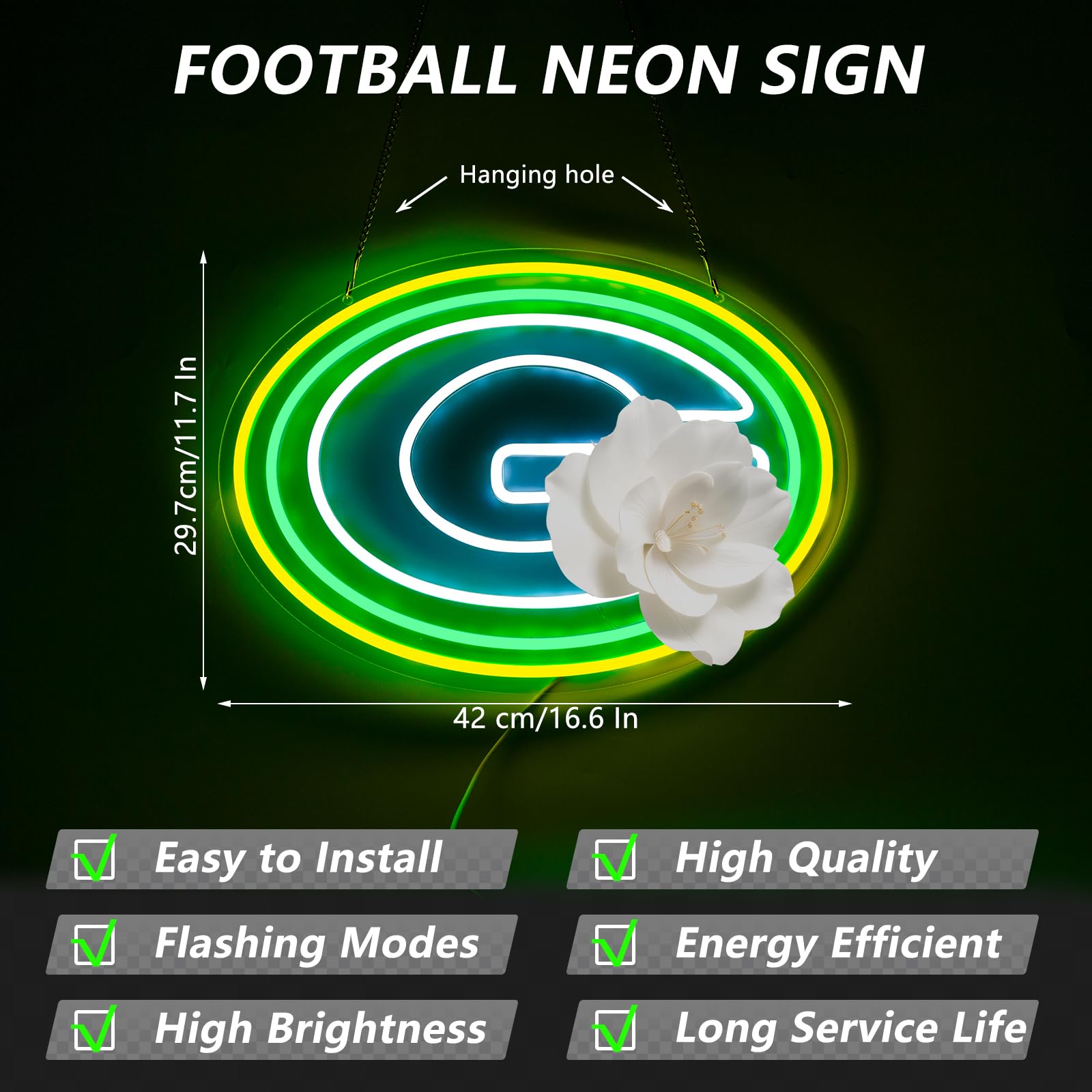 Packers - Letrero de neón de fútbol verde para decoración de pared, luces de neón para letreros de negocios, bar, pub, restaurante, luz LED de neón para tiendas, letreros de cueva de hombre