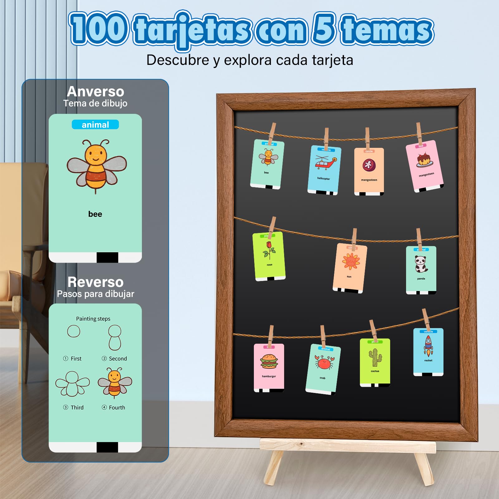 Robot de Dibujo Interactivo para Niños - Juguete Educativo con 100 Tarjetas y Lápiz, Robot Infantil con Voz en Inglés Recargable USB Type-C - Juguete Creativo para Niños y Niñas 3–10Años(Azul)