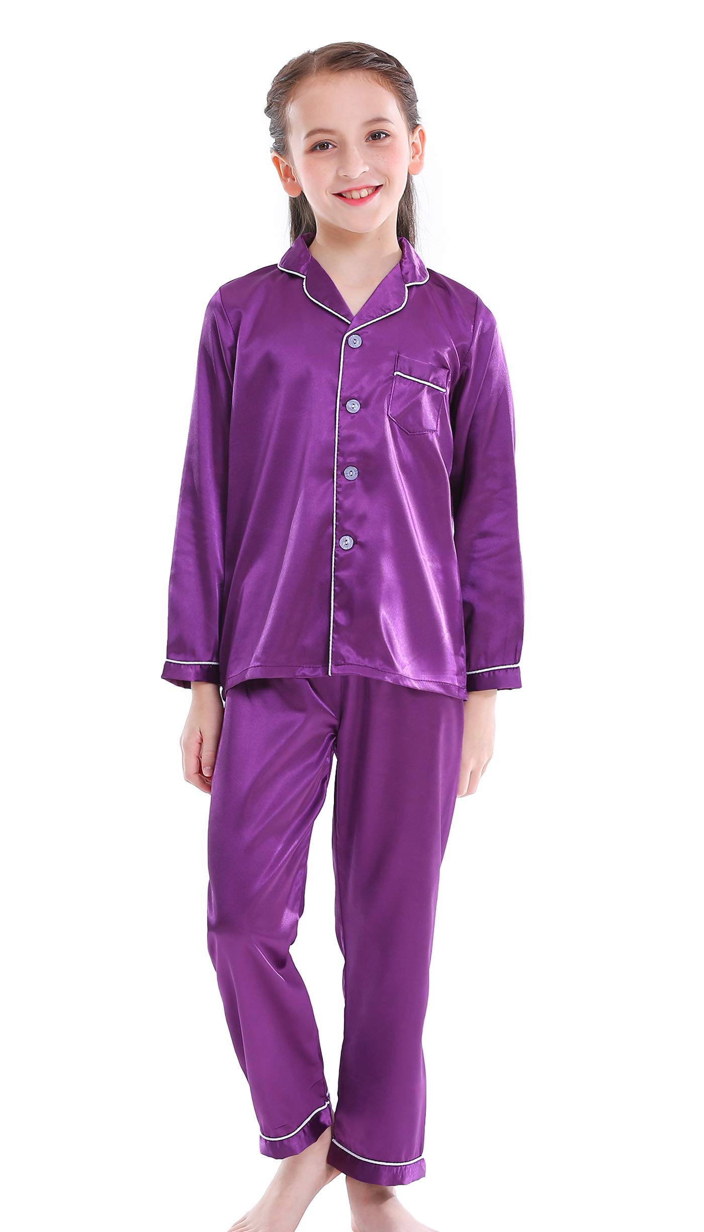MergorteGirls Boys Satin Long Sleeve Button-Down Pajamas Set Sleepwear Loungewear