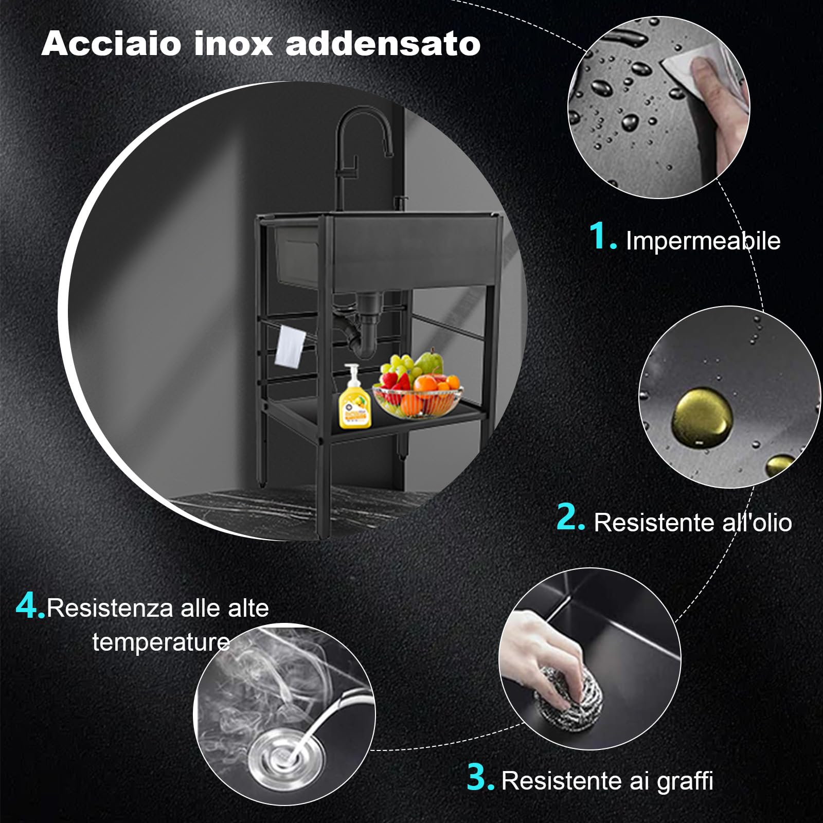 60x45x86cm Lavandino da Esterno, Witriolik Lavello da Esterno Nero con Scolapiatti e Kit di scarico e Rubinetto Alza/Estraibile, Lavello Cucina Professionale per Garage, Ristorante, Cucina, Lavanderia