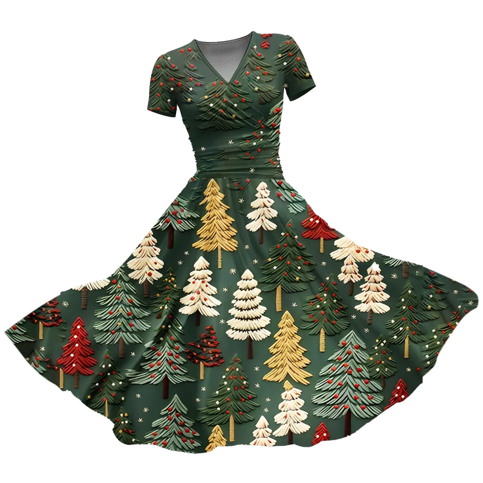 Abito da donna con scollo a V, a maniche corte, casual, con stampa natalizia, nero glitterato
