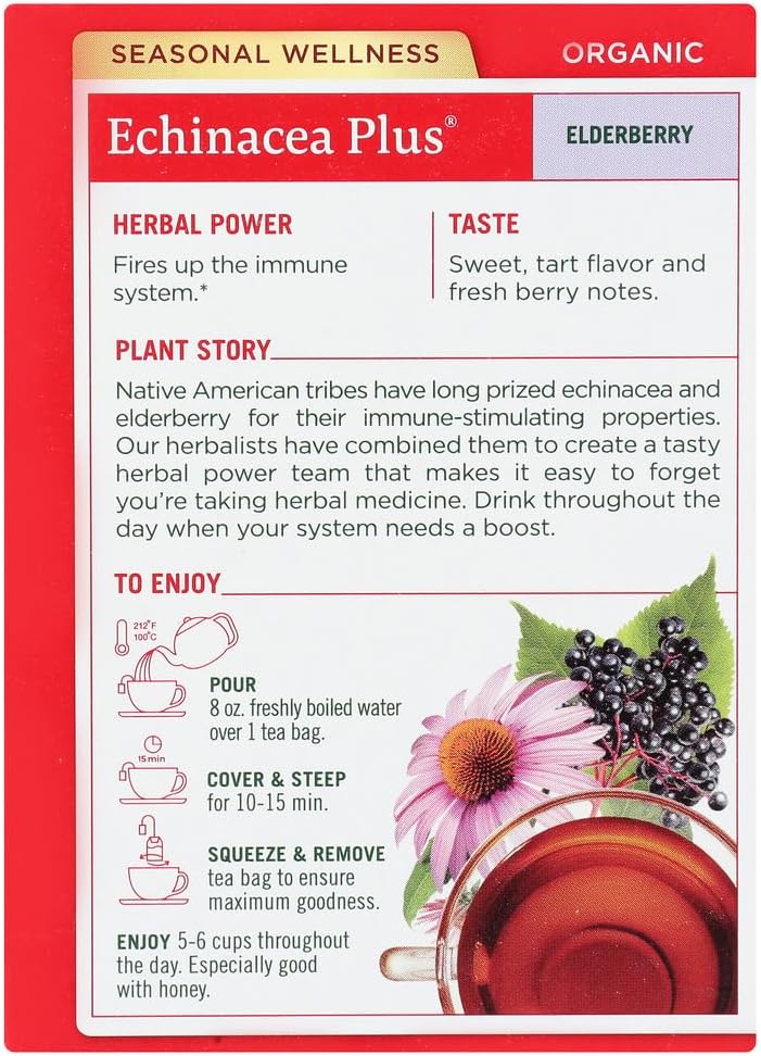 Traditional Medicinals Organic Echinacea Plus Elderberry Herbal Tea, Promotes Immune Function, (Pack of 6) - 96 Tea Bags Total.