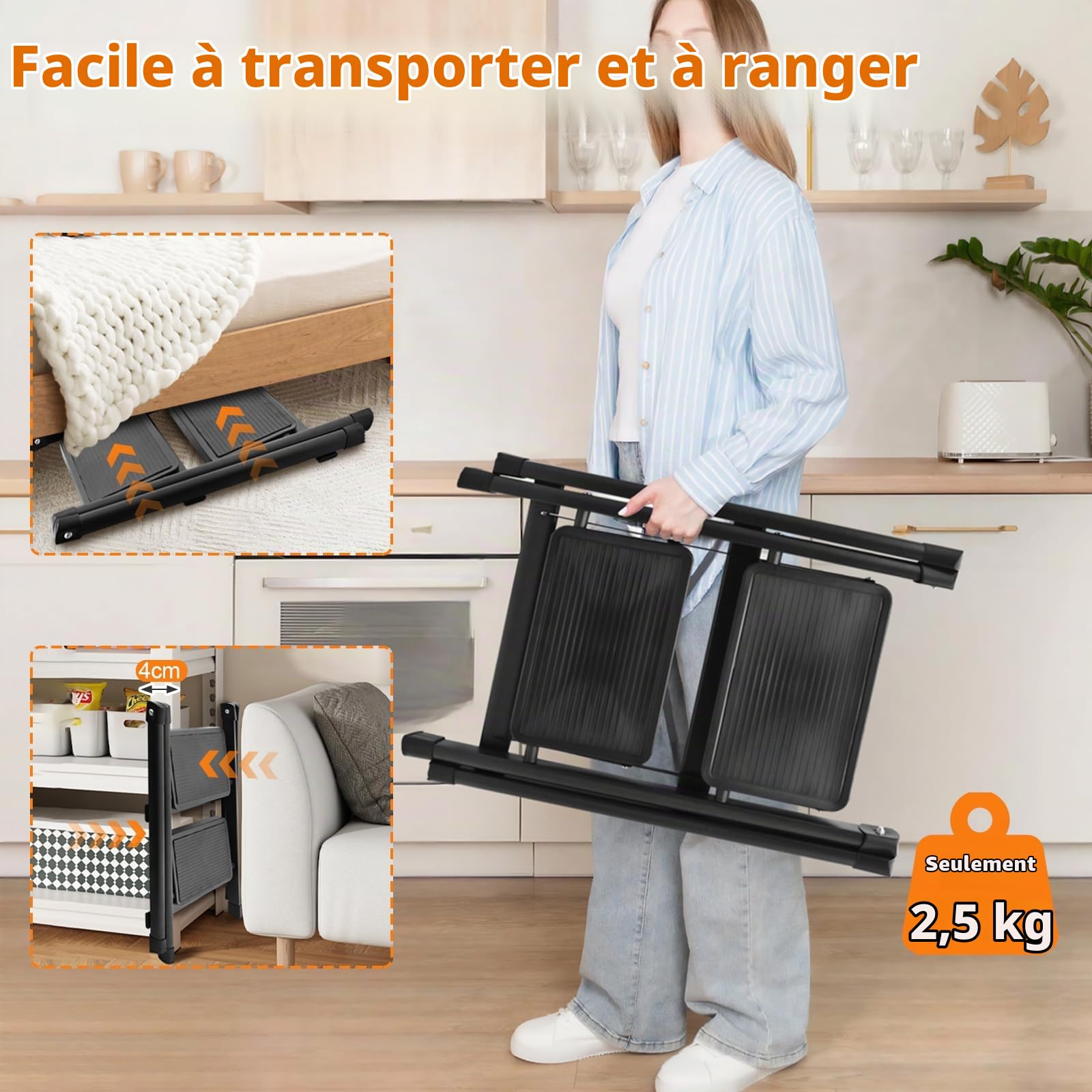 Escabeau 2 Marches, Marche Pied Pliable avec Pédales Élargies et Pieds Antidérapants, Échelle Marchepied Robuste pour Maison, Cuisine, Bureau, Intérieur, Extérieur, Noir