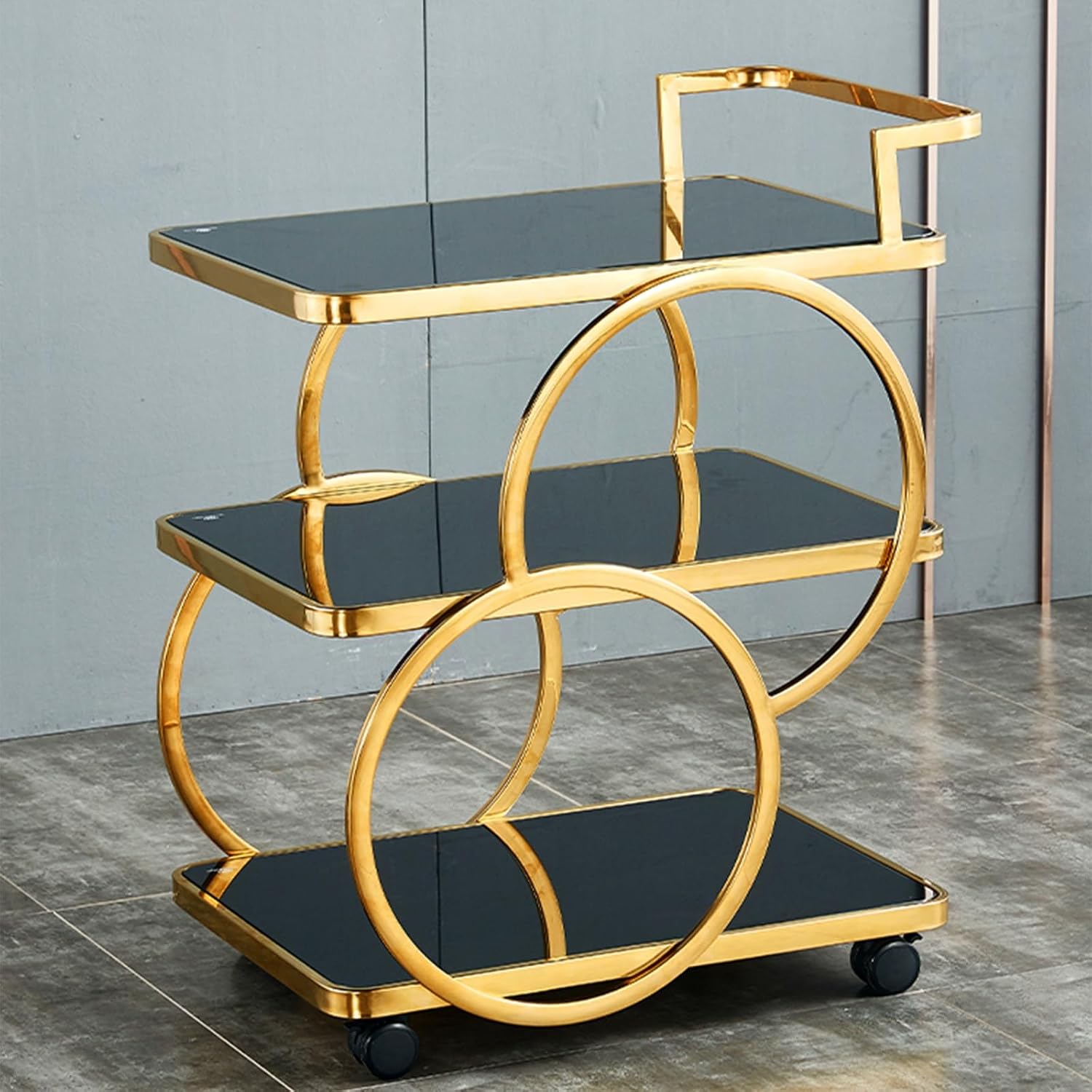 Modern Serving Cart for Home Rolling Wine Cart with 3 Tempered Glass Shelves Mobile Bar Serving Cart Rolling Drink Trolley for Living Room Gold,Silver+White-One Size