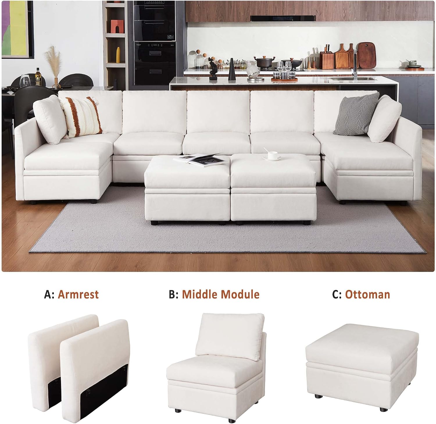 GarveeHome Modular Sectional Sleeper Sofa with Storage Seats Reversible Sofa with Chenille Fabric 9 Seater Sectional Sofa, Convertible Sectional Couches for Living Room, Beige (Beige, 9 Seats Sofa)
